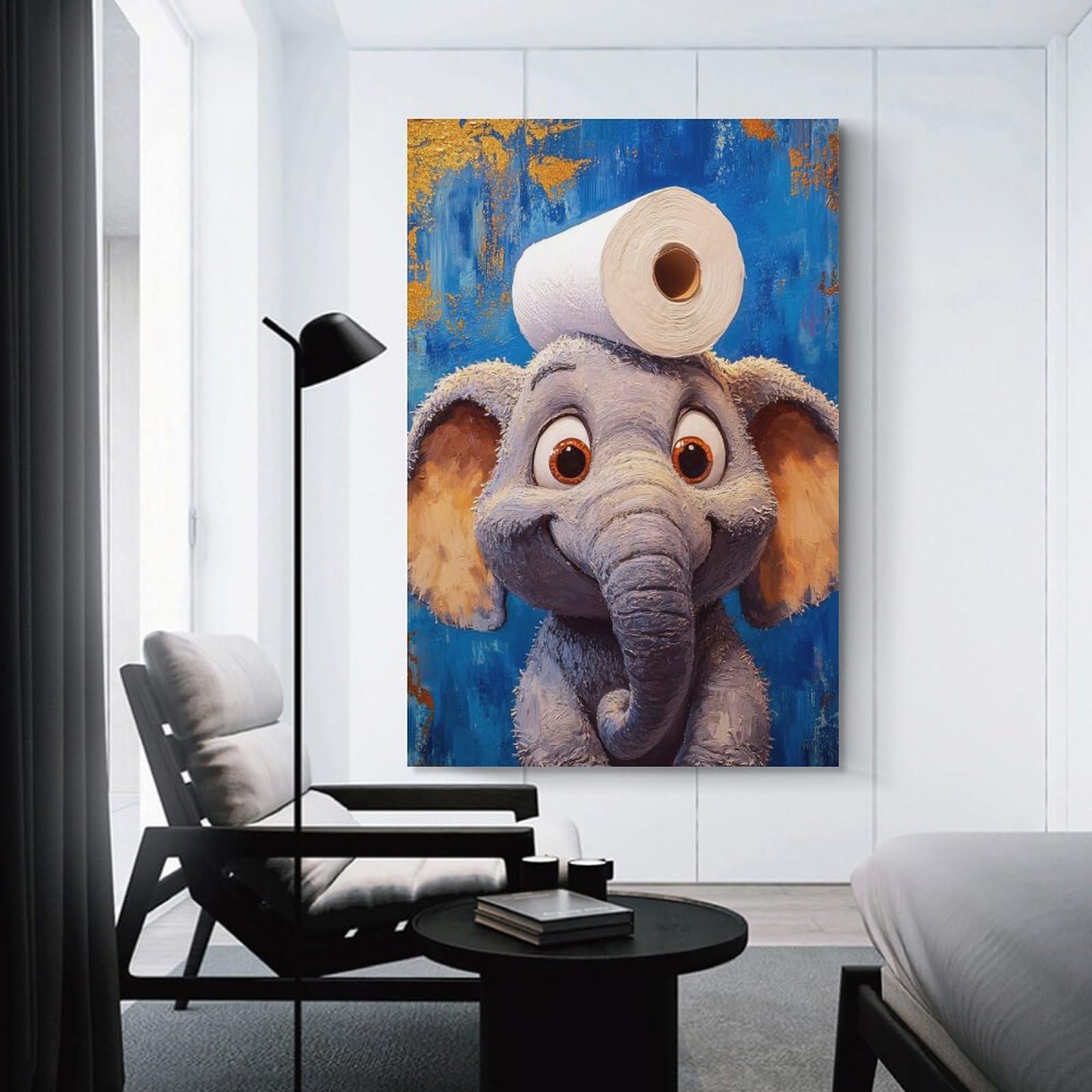 Junmoney Canvas Wall Art Elephant with Toilet Paper on Head, 20x30inch(50x75cm), for New Homes, Bedrooms Or Workspaces, Canvas Artwork with Gifting Potential