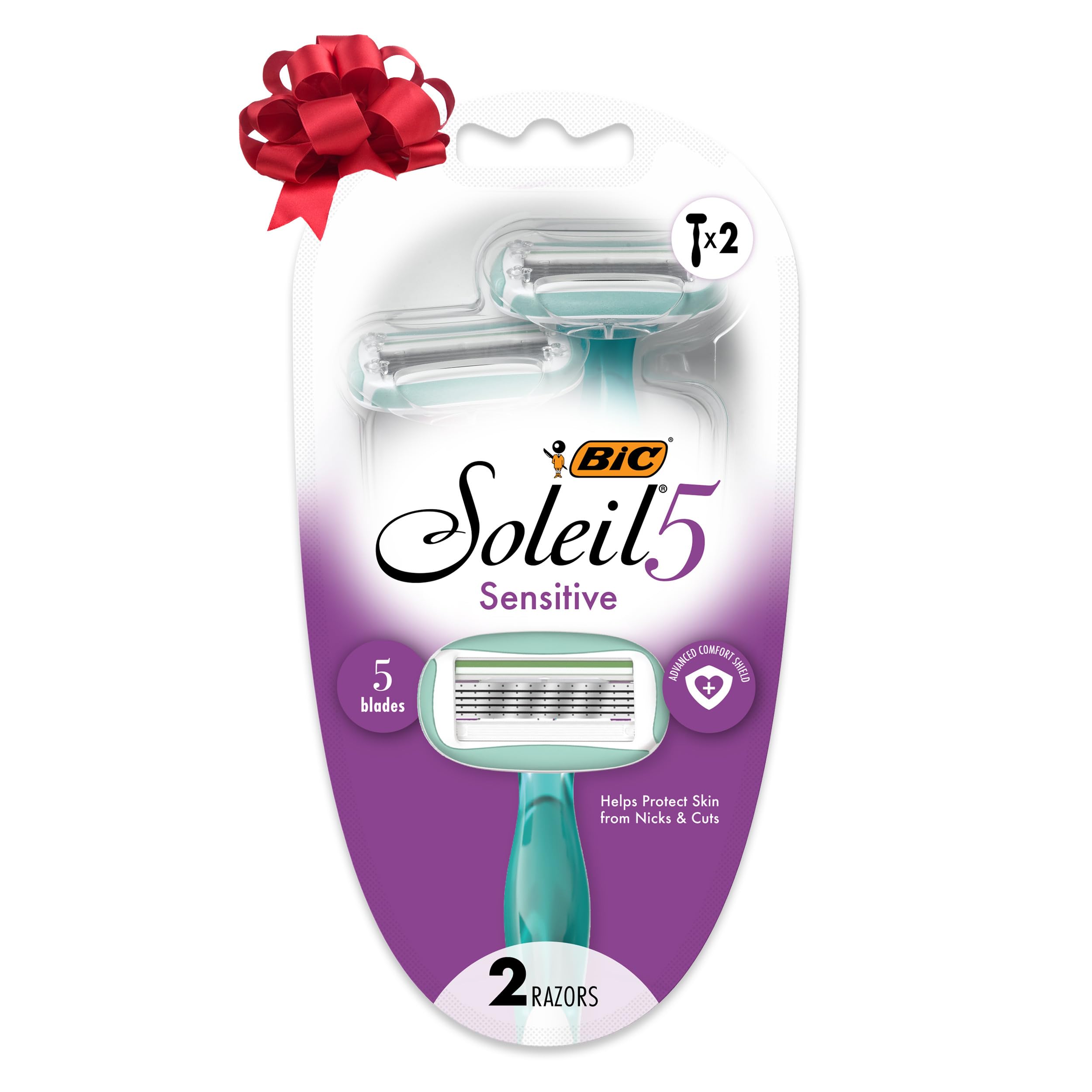 BIC Soleil 5 Sensitive Women's Disposable with 5 Blade Razors, 360-Degree Moisture Strips, Anti-Slip Grip, 2-Pack