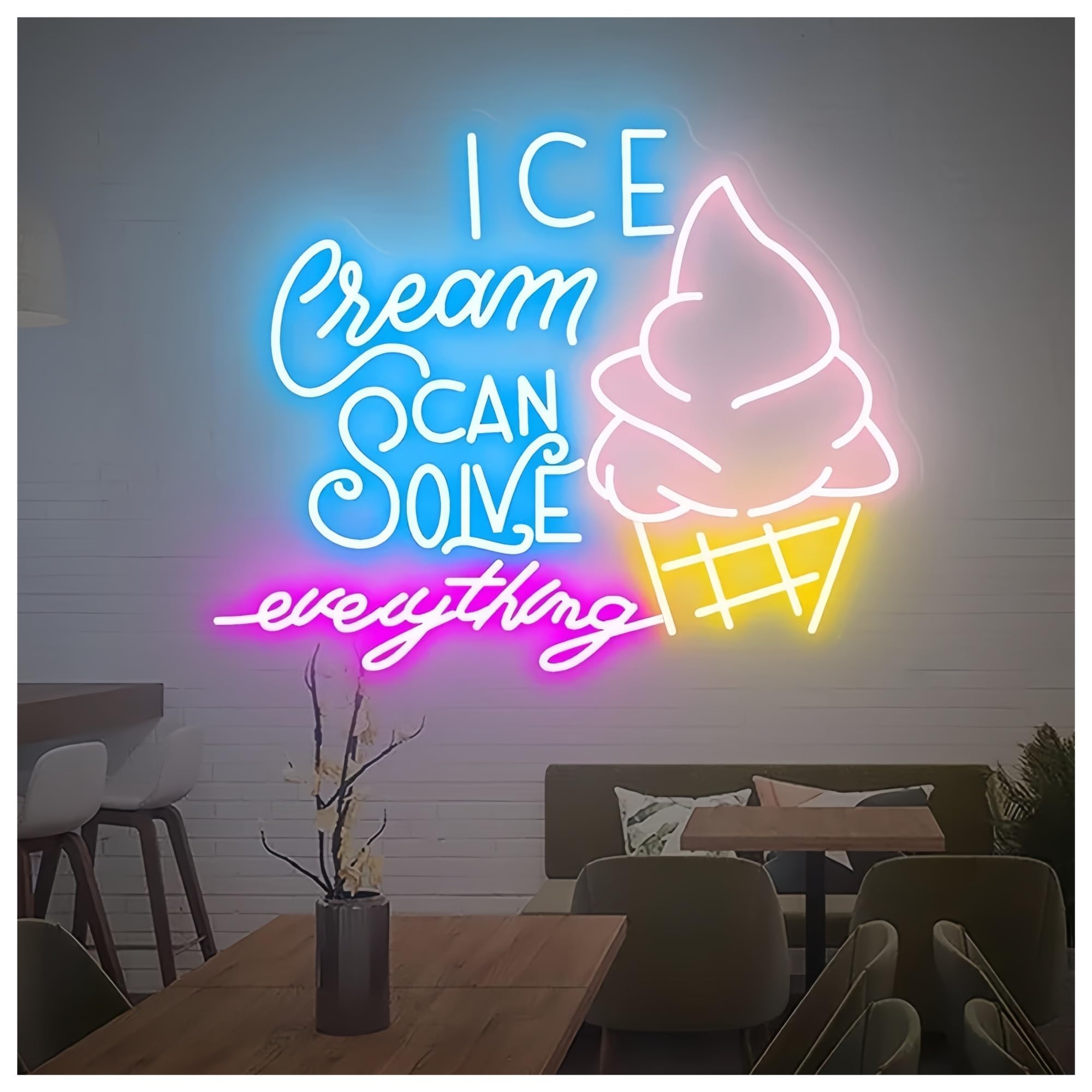 SHOUXI Sign Lamp Ice Cream Solves Everything Neon Sign Ice Cream Store Wall Decor Neon Sign Cafe Bar Decoration Neon Light(D,55CM)