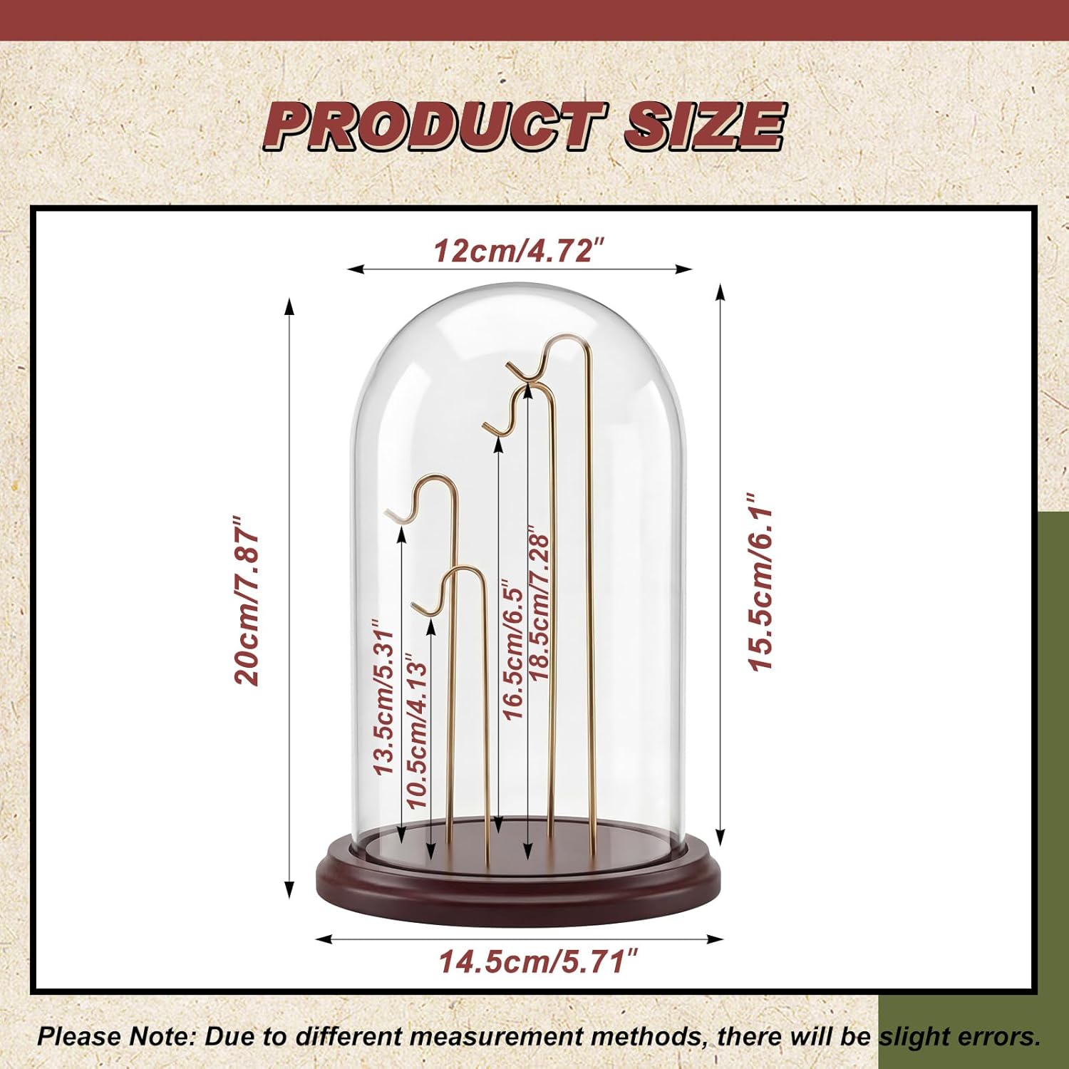 1 Pcs 4.7 x 8 Inch Pocket Watch Glass Display Dome Cloche with 4 Hooks Clear Pocket Watch Display Case Stand Glass Cloche Showcase Wood Base for Ornaments Medal Collectibles(Walnut and Gold)