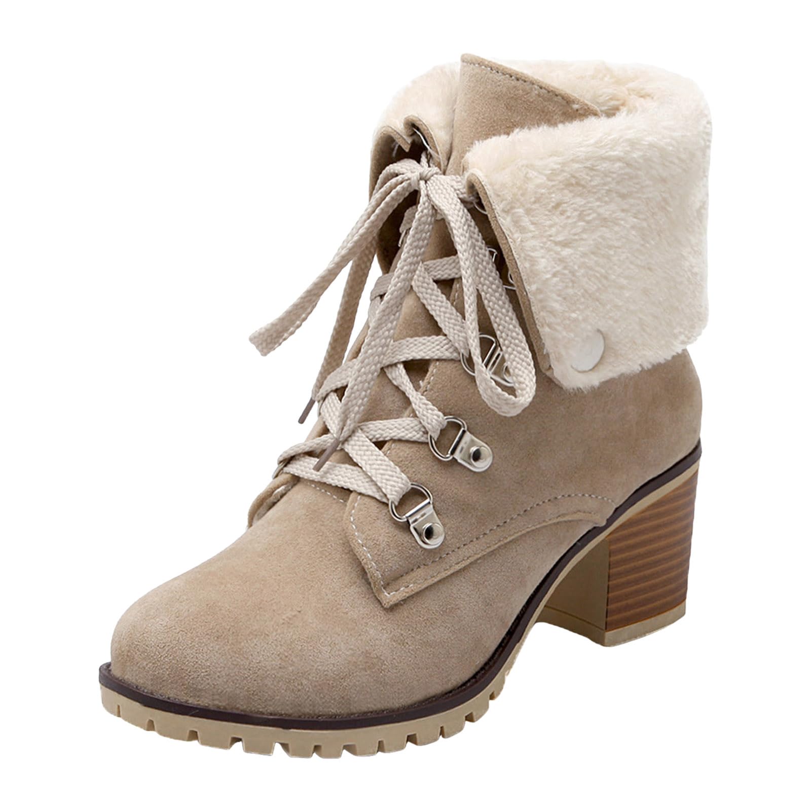 Winter Boots for Women Lace Up Block Heel Fur Lined Warm Ankle Boots Fuzzy Fashion Outdoor Warm Walking