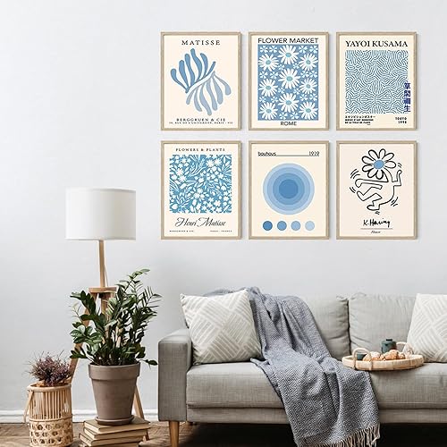 Miniatura 5 de Iknostine Juego de 6 impresiones artísticas de pared de artistas famosos Matisse abstractas en lienzo estético azul Foral Flower Market Morris