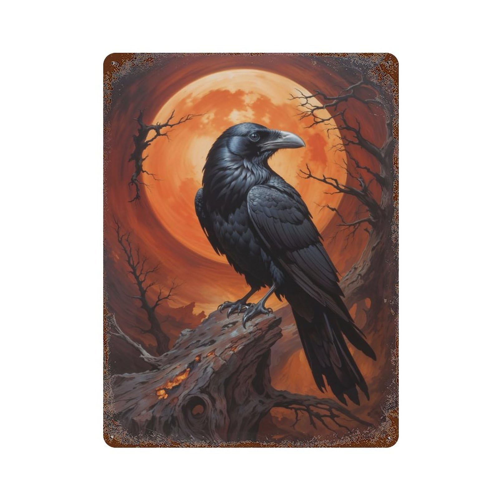 Moonlit Raven Aged Metal Wall Plaque 15.7"x11.8", for Living Room, Hallway And Home Decor, Shabby Chic Decor