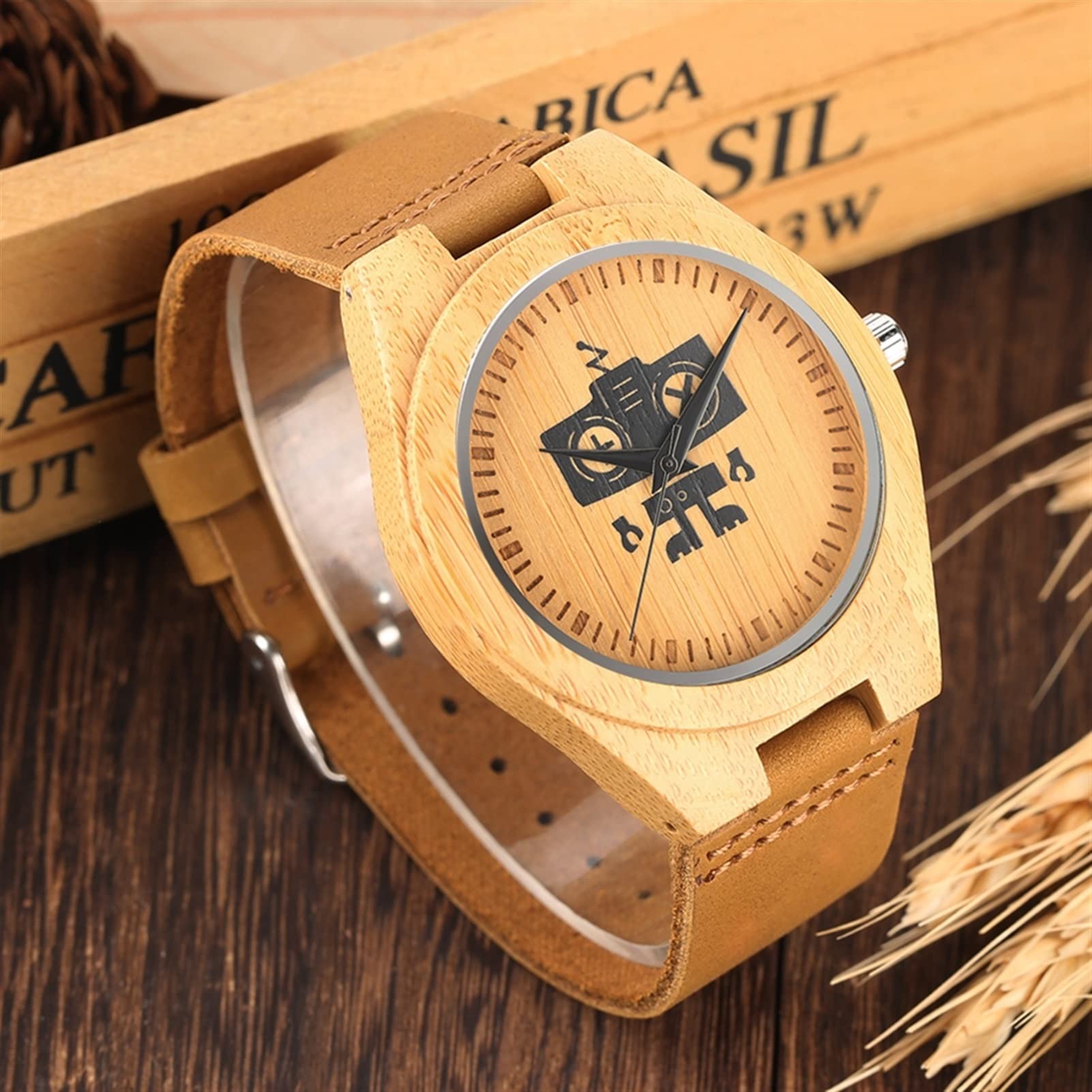 Carino Black Robot Design Design Mens Orologi di Legno Naturale analogico Semplice Orologio da Polso al Quarzo Orologio in Legno Orologio for Gli Uomini Uomo Orologi da Polso