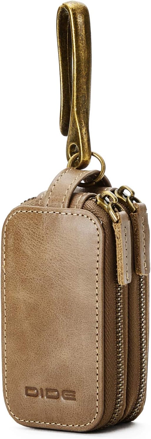 DIDE Unisex Leather Car Key Case Double Zipper Smart Key Chain Key Case Pouch Holder (Khaki)