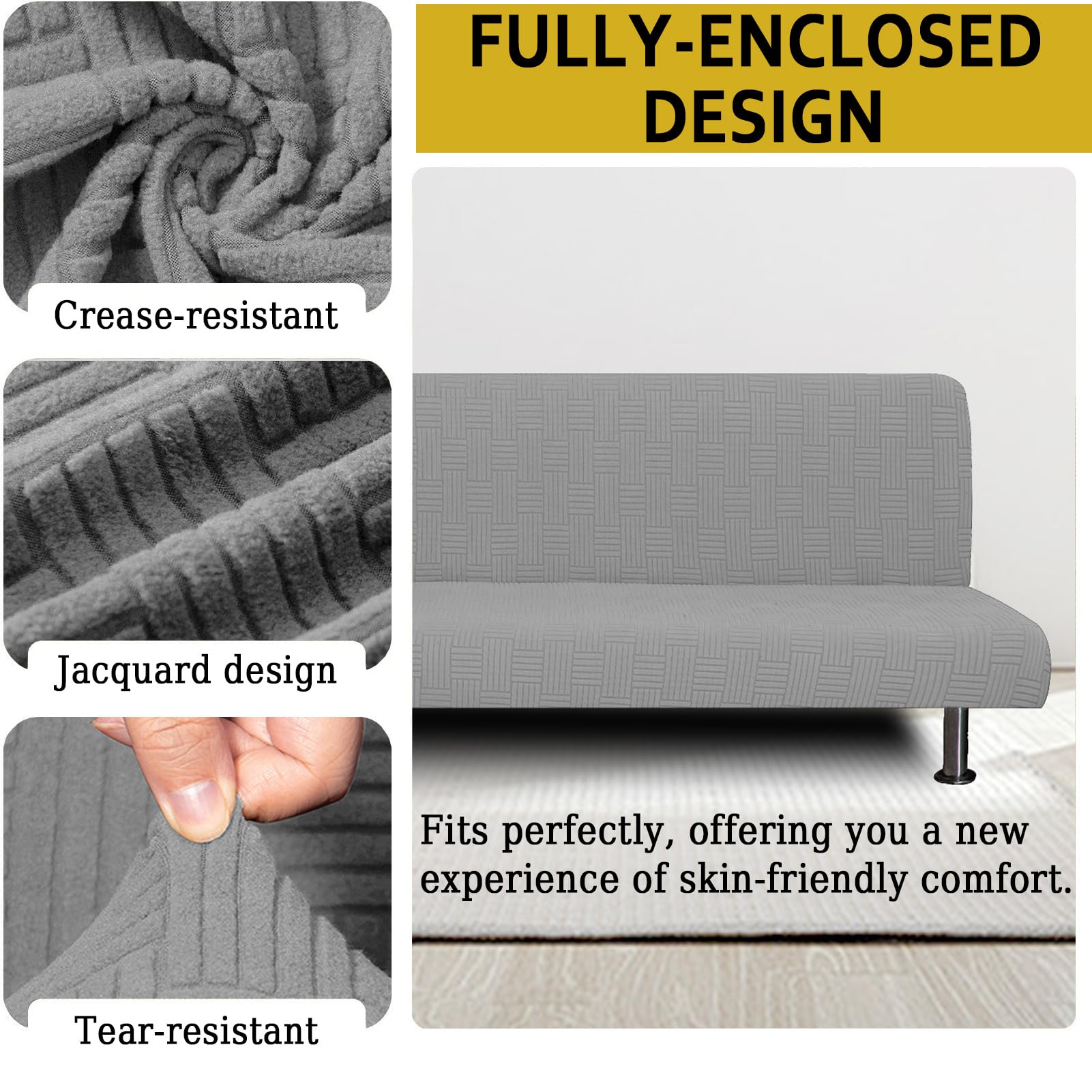Funda Elástica Jacquard para Sofá Cama Plegable sin Brazos de 3 Plazas, Lavable, Protector Ajustable Suave, Cubierta Total Mueble Futón Clic Clac (Gris Claro)