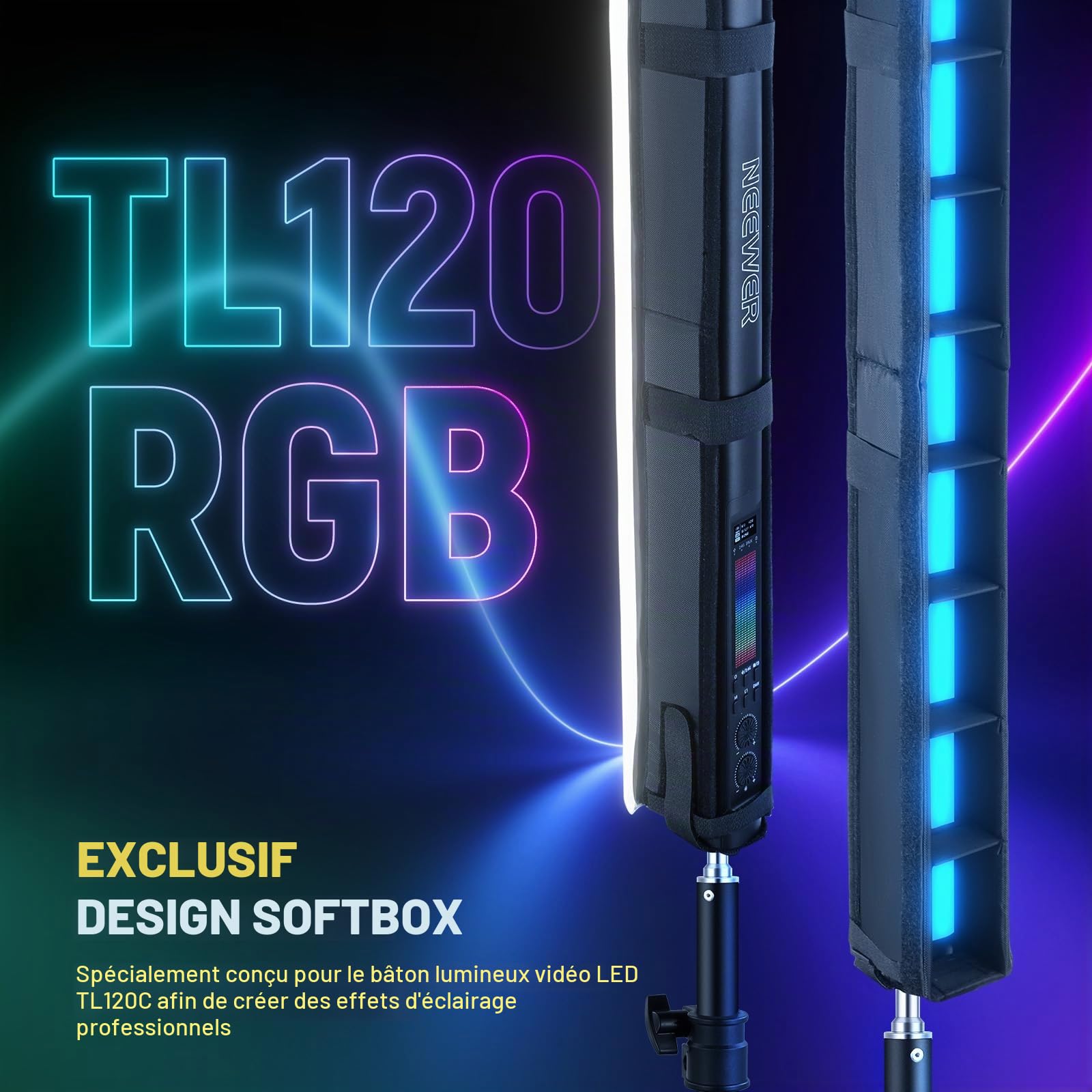NEEWER Kit de Diffuseur de Lumière LED pour Bâton Lumineux LED RGB TL120C, Diffuseur de Bande de Tube LED avec Grille en Nid d'abeille, Sac de Transport, Attaches Tactiles pour Photos, Vidéos, NS10S