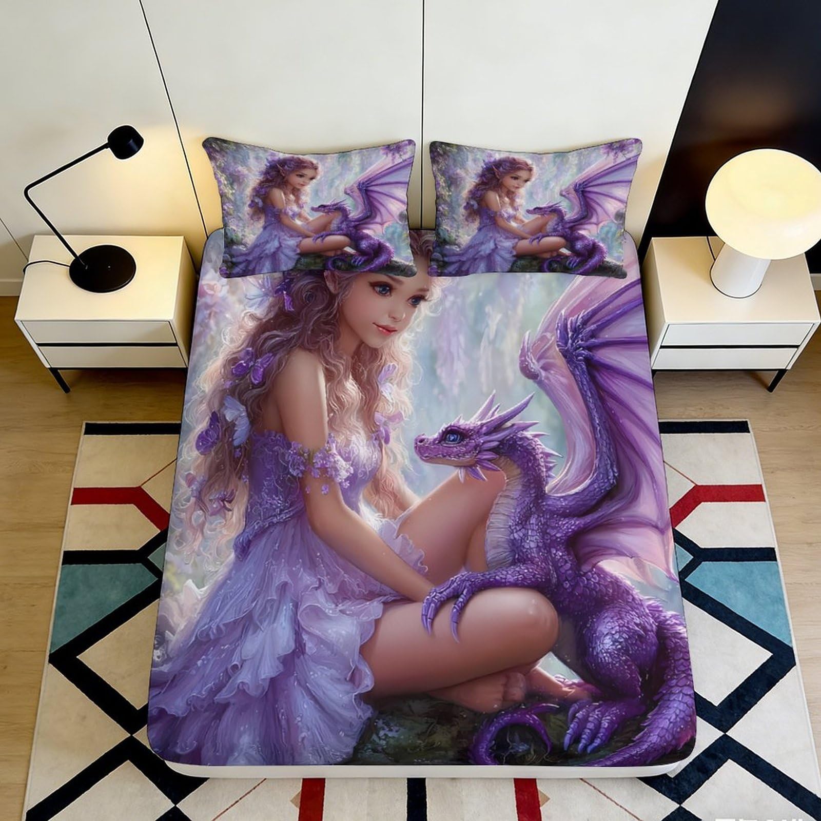 3D Printed Purple Fairy Dragon Fitted Sheet Microfiber Soft Mattress Cover Anti-Slip Washable Fantasy Bedroom Decor 90x200x25cm