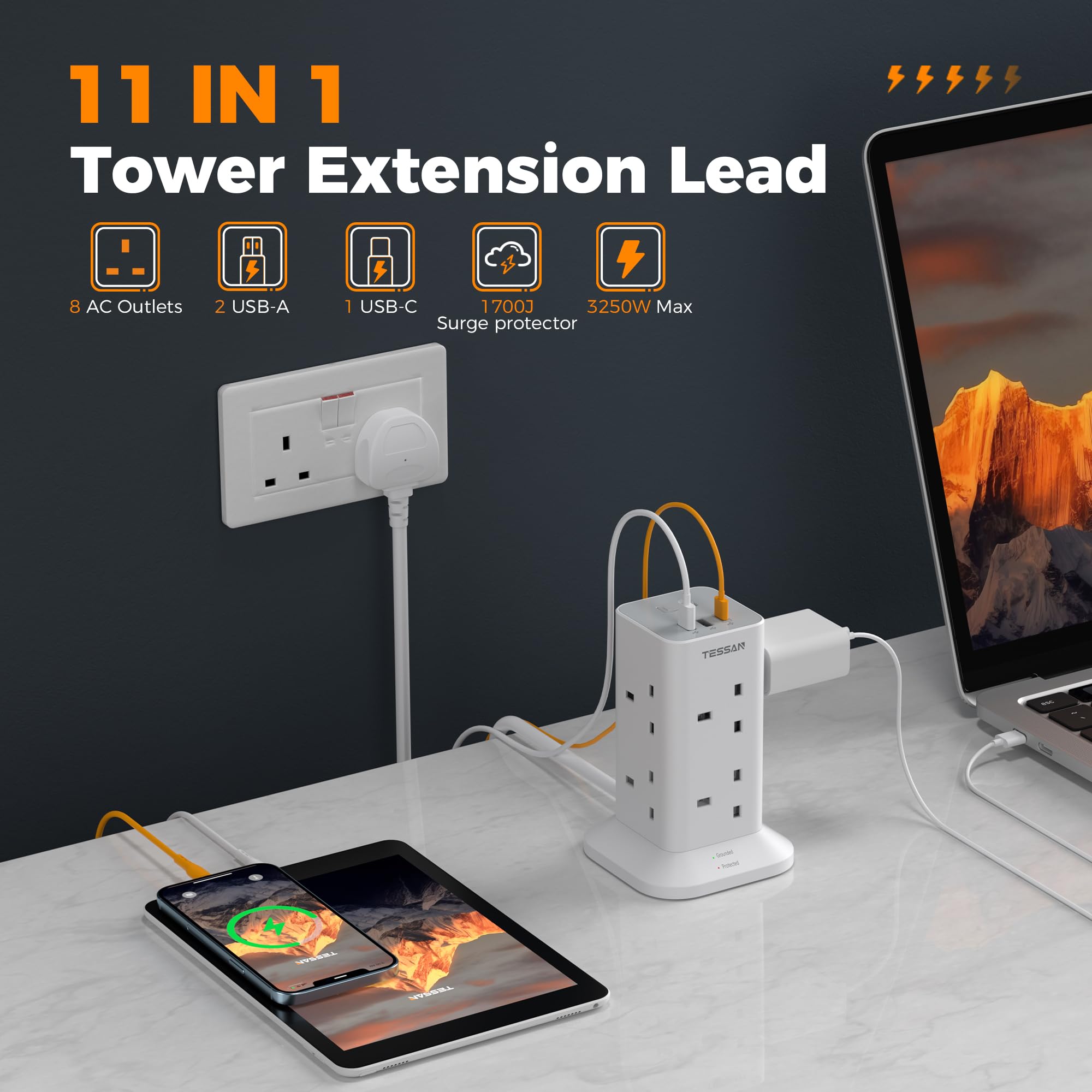TESSAN Tower Extension Lead with USB C Slots, 8 Way Plug Extension Socket with Switch, Surge Protected Power Strip with 2M Cable for Home, School Supplies — view 2