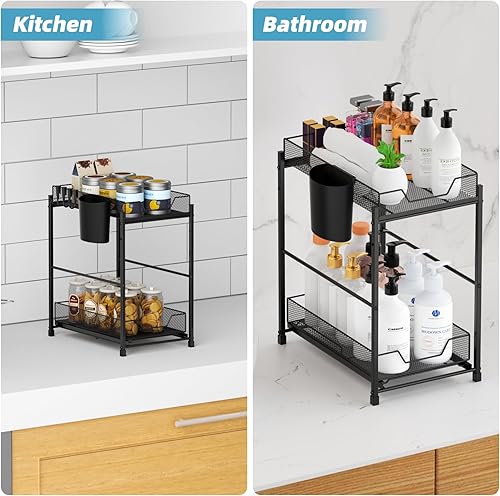 Miniatura 4 de VITVITI Organizador y almacenamiento para debajo del fregadero, organizador extraíble para debajo del baño, con cajón, 2 niveles de malla metálica