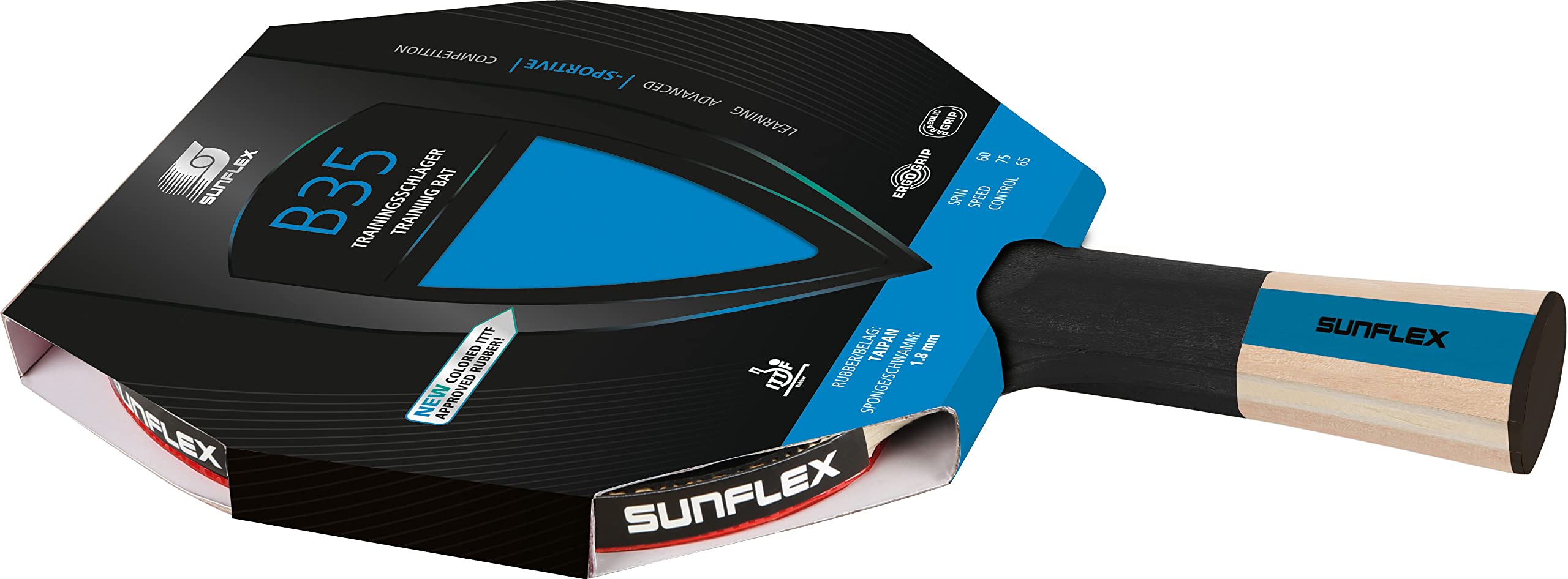 Sunflex® Color COMP B35 Tischtennisschläger | Tischtennis Racket Bat TT Hobby Trainingsschläger | konkaver Griff | ITTF zertifizierter Blauer Belag | für fortgeschrittene Spieler