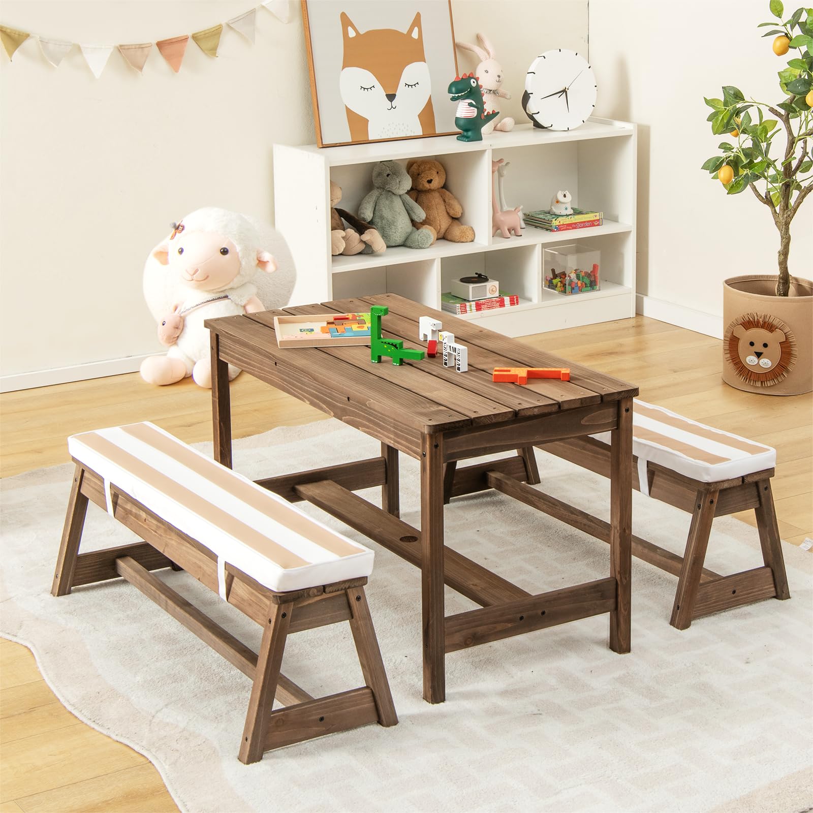 SOARS Set di Tavolo Picnic per Bambini con Ombrellone Regolabile, Panche per Bambini in Legno di Abete con Parasole e Cuscini Morbidi, Tavolo e Panchine Pranzo da Giardino e Parco (Marrone)