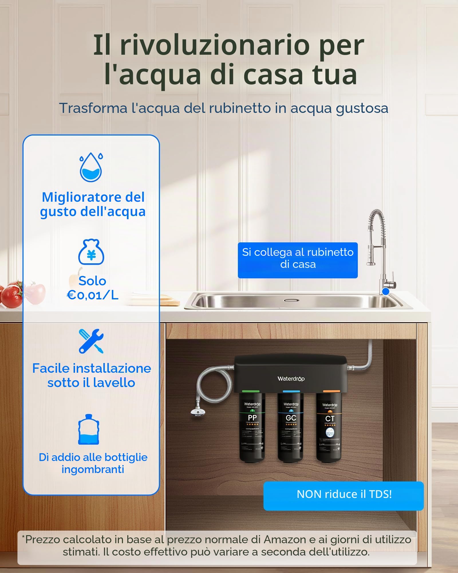 Waterdrop TSA Filtro Acqua Sistema, 3 Stadi Depuratore Acqua Domestico per Sotto Bancone, Sistema di Filtraggio dell'Acqua, Certificato da NSF/ANSI 42, Rimuove Fluoruro, Piombo, Cloro, Cattivo