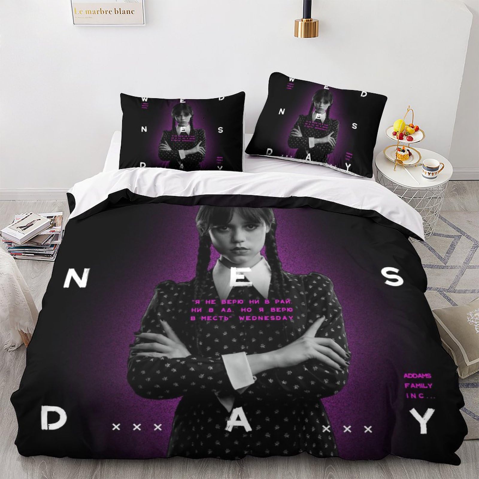 Housse De Couette Et Taies D'oreiller 3D Addams Family - Taille Simple 140x200cm - Coton, Fermeture éclair, Lavable
