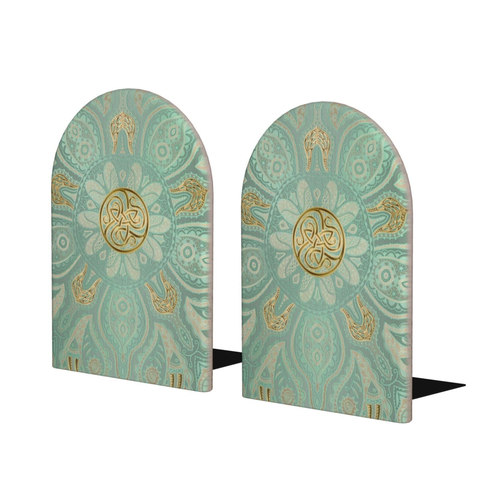Soft Sage Green And Gold Celtic Mandala, Set of 2 Bookends Bookshelf Funny Wood Book Stopper Book Ends Book Holder And Stand