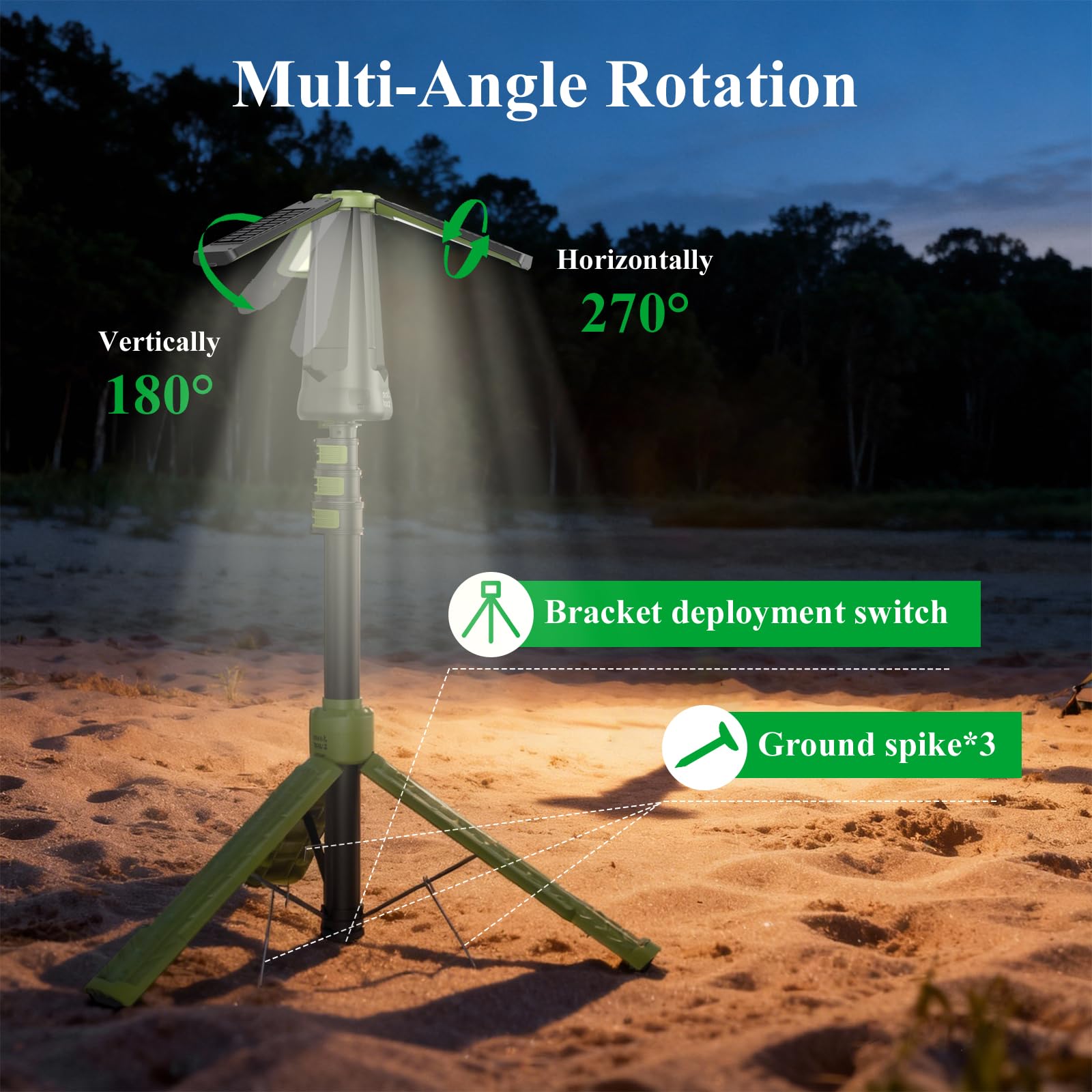 Minthouz Campinglampe Aufladbar mit Stativ, LED Camping Licht Akku & Solar, Tragbare Campingleuchte mit Fernbedienung, Magnetfuß, 5 Lichtmodi für Outdoor, Werkstatt & Notfall | 3 verstellbare Lichtköpfe, 5 Modi, 270°/180° Drehung, Camping Essentials Gear