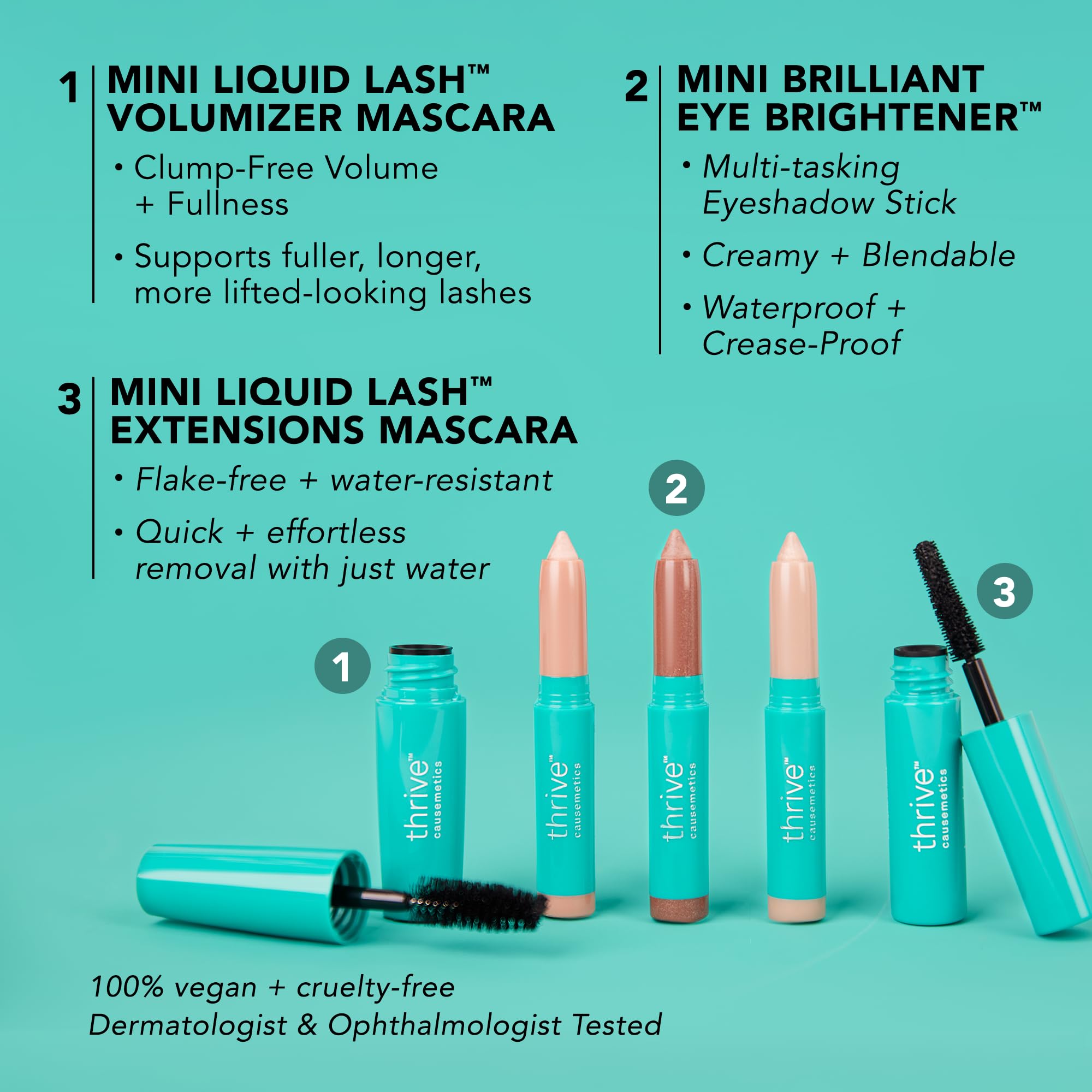 Thrive Causemetics Mini Makeup Essentials, Gift Set for Women, Deluxe Mini Liquid Lash Extensions & Volumizer Mini Mascaras, Brynn (Rich Black), Mini Eye Brightener Highlighter Sticks - 3 Shades