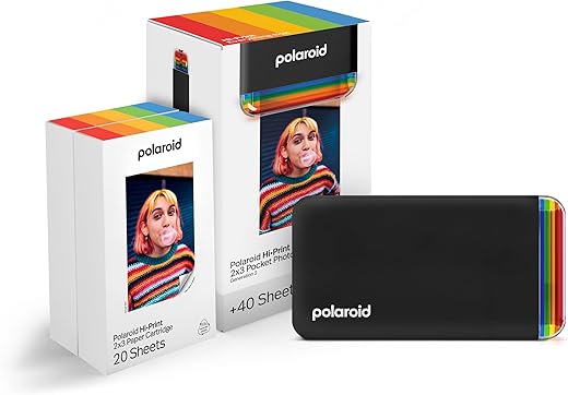Polaroid Hi-Print + Paper Bundle- 2nd Generation Bluetooth Connected 2×3 Pocket Photo Dye-Sub Printer – Black Printer + 40 Photos (6439)