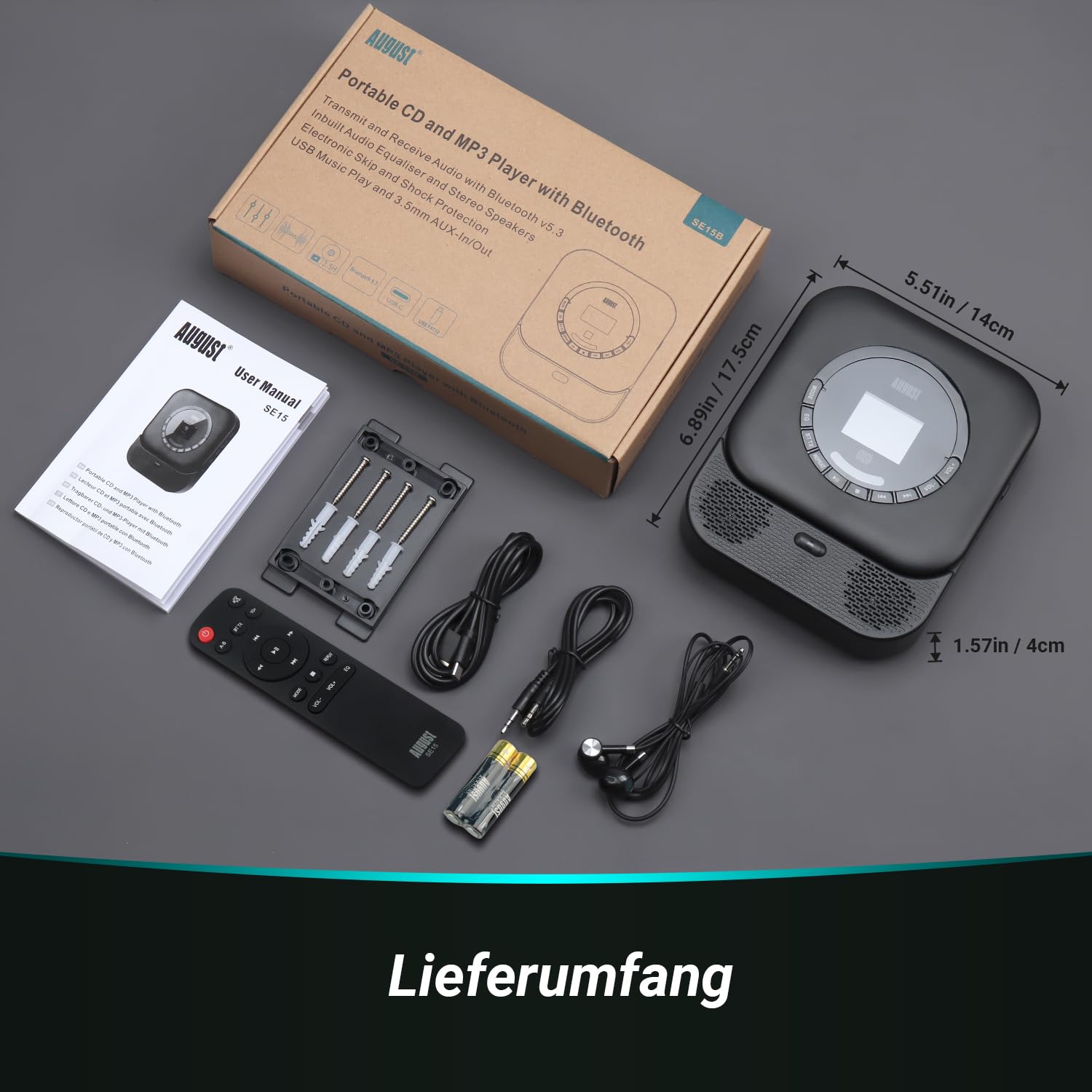 August SE15 Tragbarer Bluetooth 5.3 CD Player mit Lautsprecher 3,5mm Audio In/Out Wiederaufladbar CD Spieler mit USB/Equalizer/Überspringschutz/Wiederholungsmodus/Wandhalterung/Ohrhörer&Fernbedienung