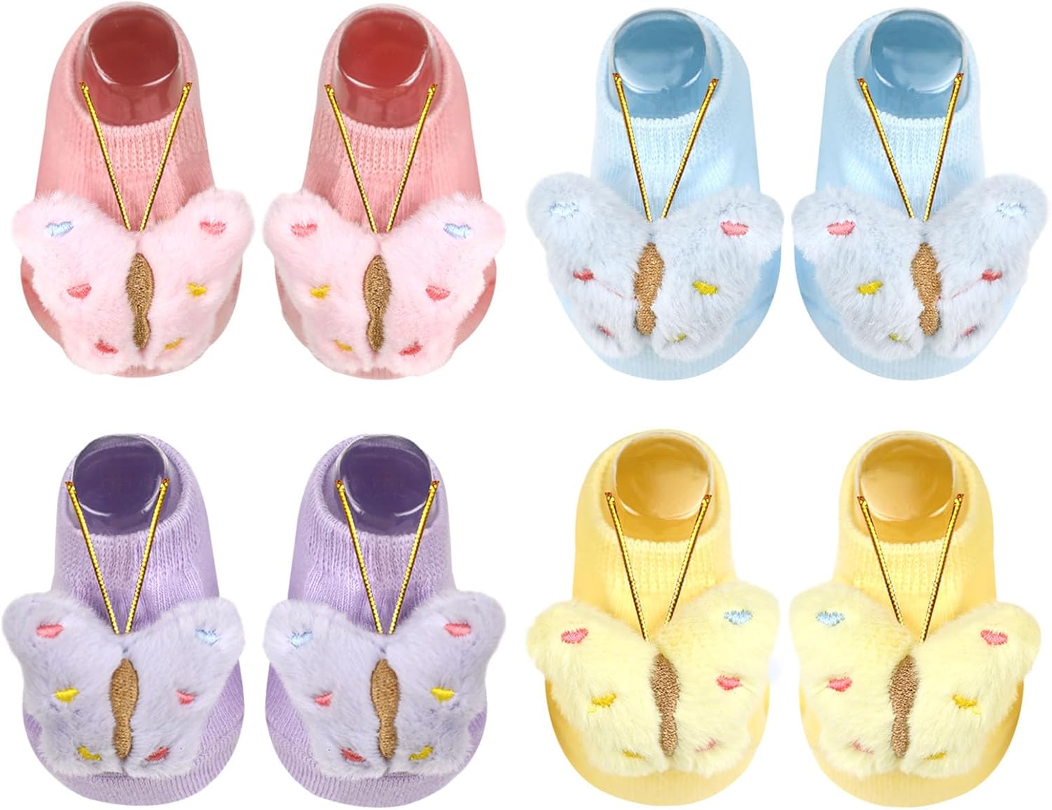 4 Pairs Baby Girl Socks with Non-Slip Grips,Cute Butterfly Low Cut Ankle Socks for Newborn Toddler Infants 0-6 Months