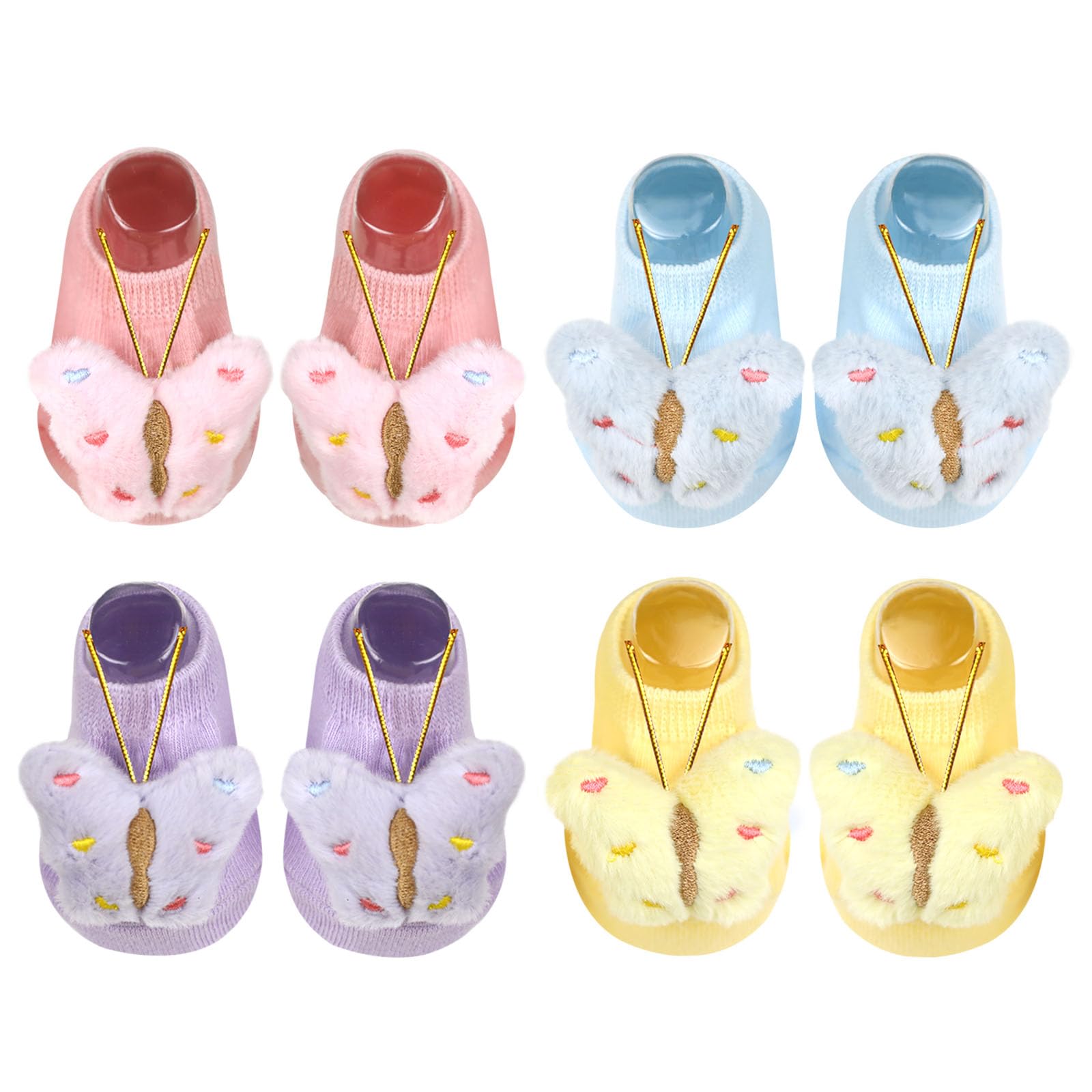 MWRDSM 4 Pairs Baby Girl Socks with Non-Slip Grips,Cute Butterfly Low Cut Ankle Socks for Newborn Toddler Infants 0-6 Months