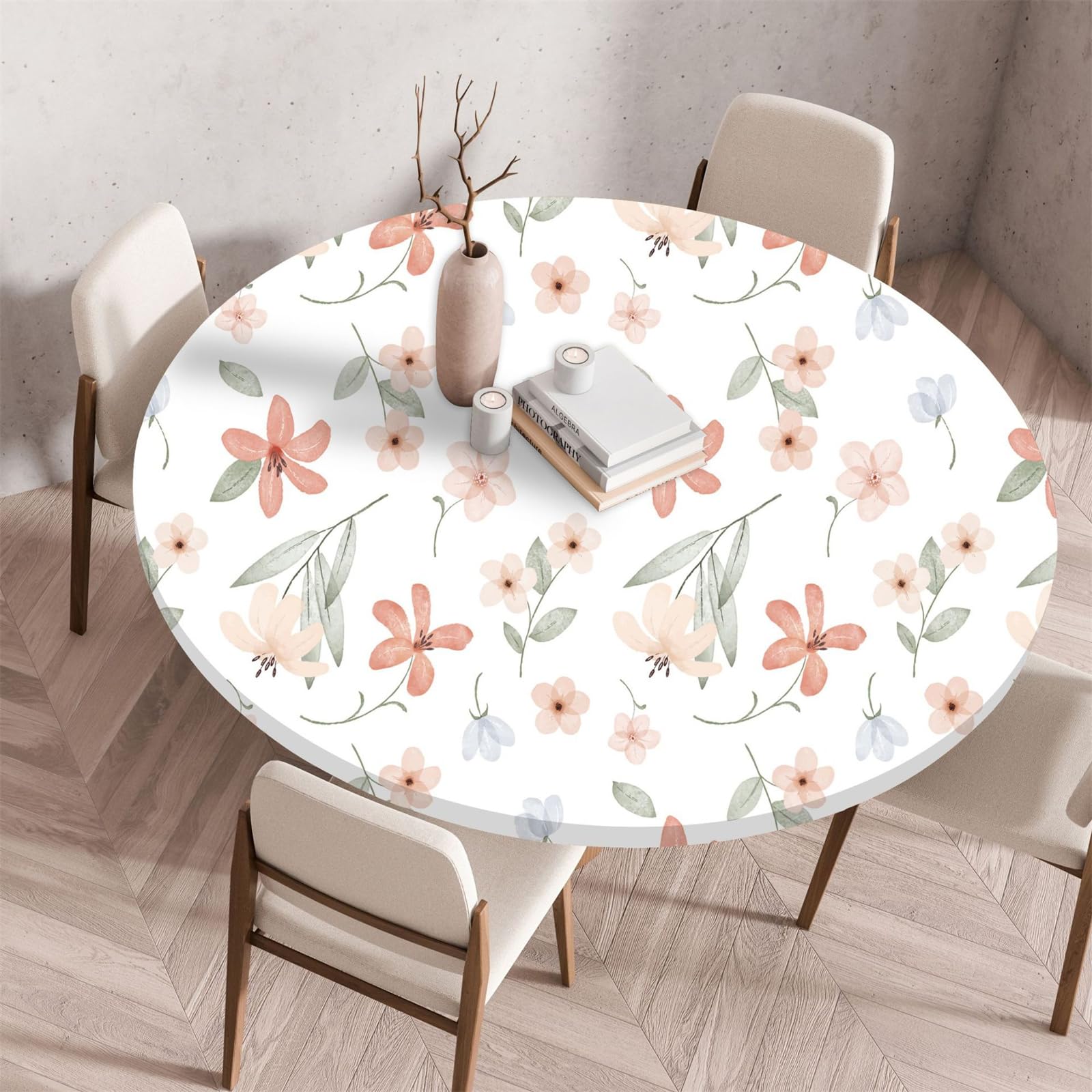 Muiuou Round Tablecloth, Flower Printing Waterproof Wipeable Table Cover Elastic Edge, Reusable Round Table Cover Cloth, Fitted Kitchen Restaurant Home Decoration (Diameter 110cm,Flower 11)