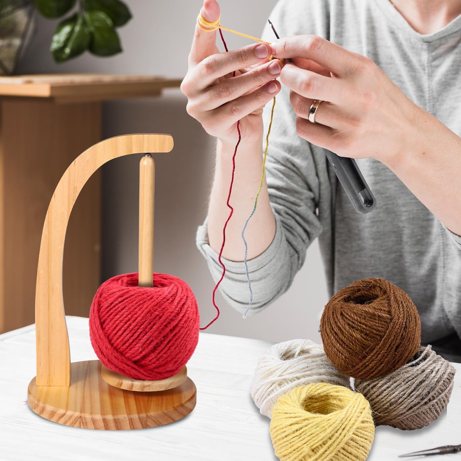 IBLAY Rotating Wooden Yarn Holder for Crocheting | Magnetic Wool Unwinder | Spinning Yarn Ball Stand Gift for Knitting Lovers image 5