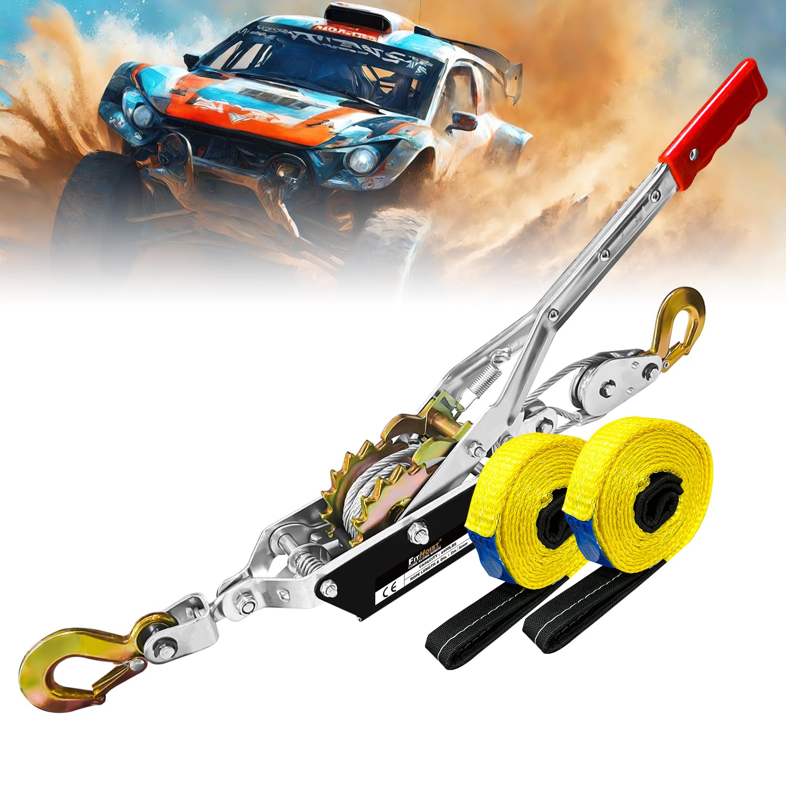 Come Along Winch Ratchet Tool 2T Heavy Duty 2 Hooks Steel Cable Dual Gear Power Puller Two 1"x8FT Lifting Straps Hand Winch Cable Automotive Hoist Winch Puller Recovery Gear