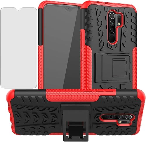 Asuwish Funda de teléfono para Xiaomi Redmi 9 con protector de pantalla de vidrio templado y soporte delgado híbrido resistente cubierta protectora