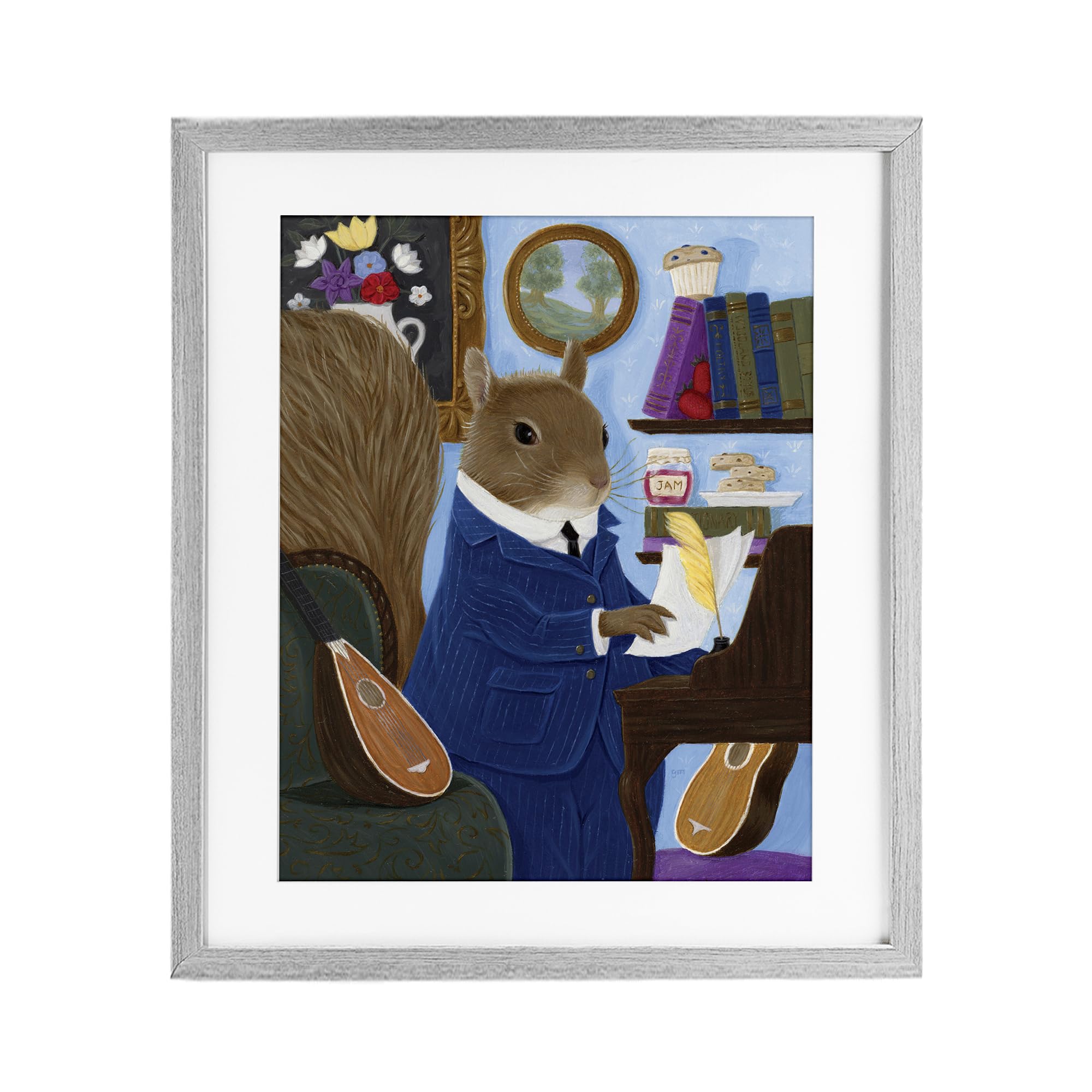 Stupell Industries 'Gentleman Squirrel Composing', Framed Print Under Glass, Gray, 13 x 16 Inches, Easy to Hang and Sturdy, Made in USA, by Gina Matarazzo