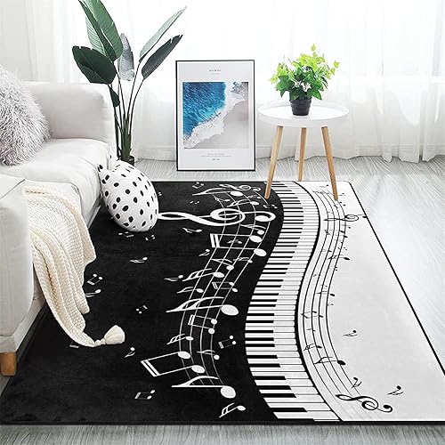 Alfombras para niños, teclas de piano en blanco y negro, instrumentos musicales, notas modernas, arte de música, alfombra de dormitorio grande,