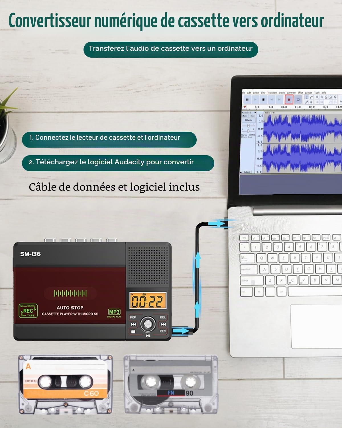 SEMIER Lecteur de Cassette, USB C ou Carte SD, convertisseur de Cassette Audio vers MP3, Enregistrement sur Cassette/Ordinateur/Carte SD Via Micro, écran LCD, Haut-Parleur, Prise Casque, Carte SD 16