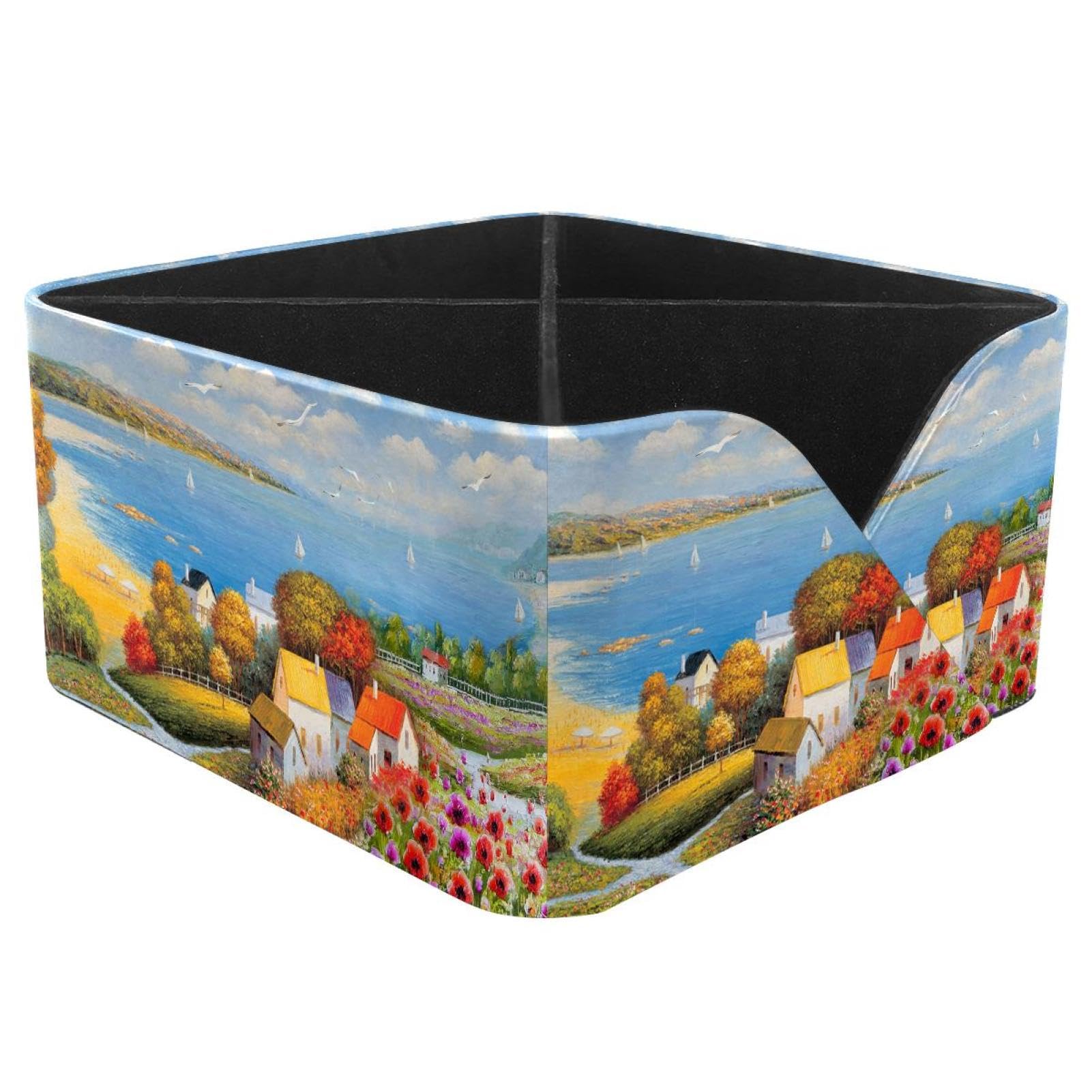 KengjuTesu European Town Beach Oil Painting Desktop Organizer Pen Holder, Rectangular Pencil Cup for Office, Study and Makeup Stations