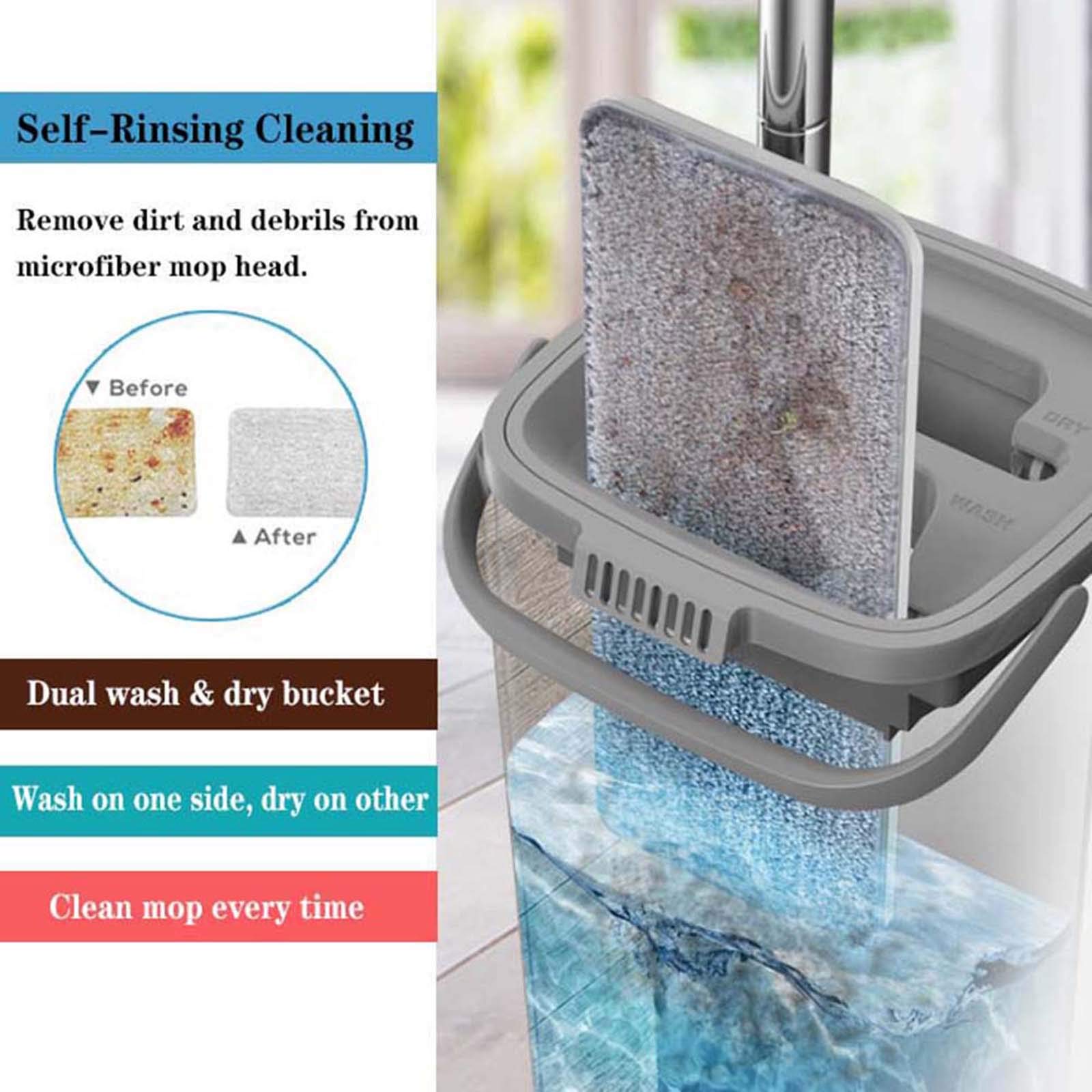 Cubo y Mopa Fregona, Mopa Microfibra Mango de Acero Inoxidable, Innovador Cubo Doble Compartimento Mojado/Seco – Repuestos Mopa Reutilizables Incluidos, para Todo Tipo de Suelos