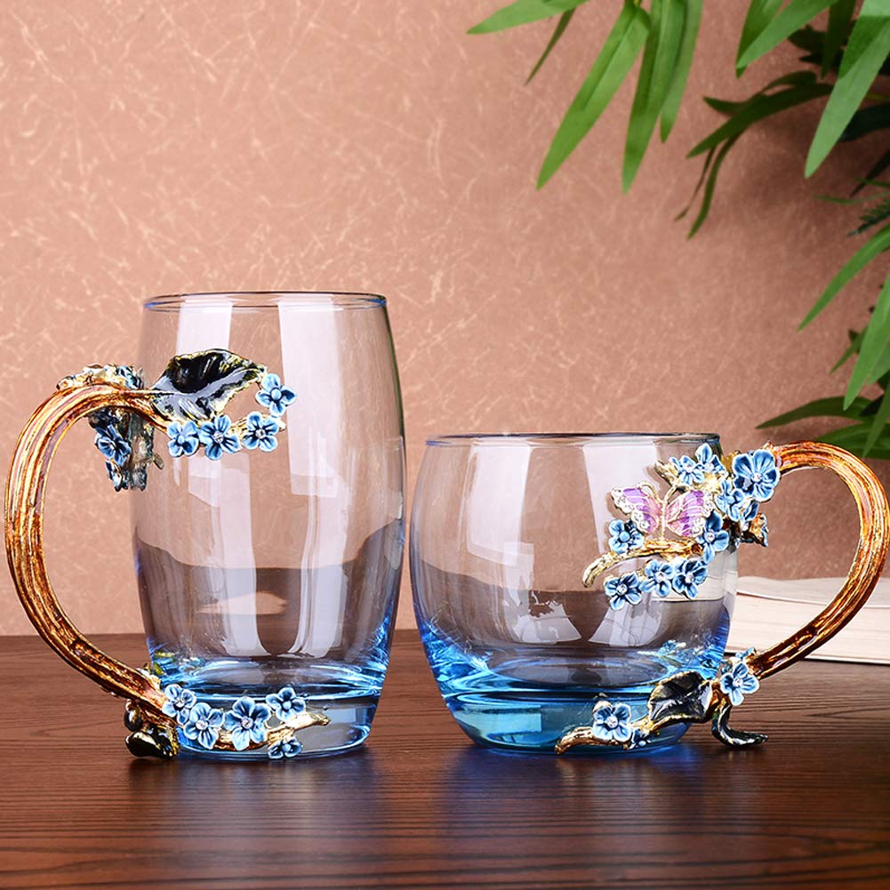 Tazza Da Tè In Vetro Smaltato, Farfalla Fiori Tazza Da Tè Con Cucchiaio