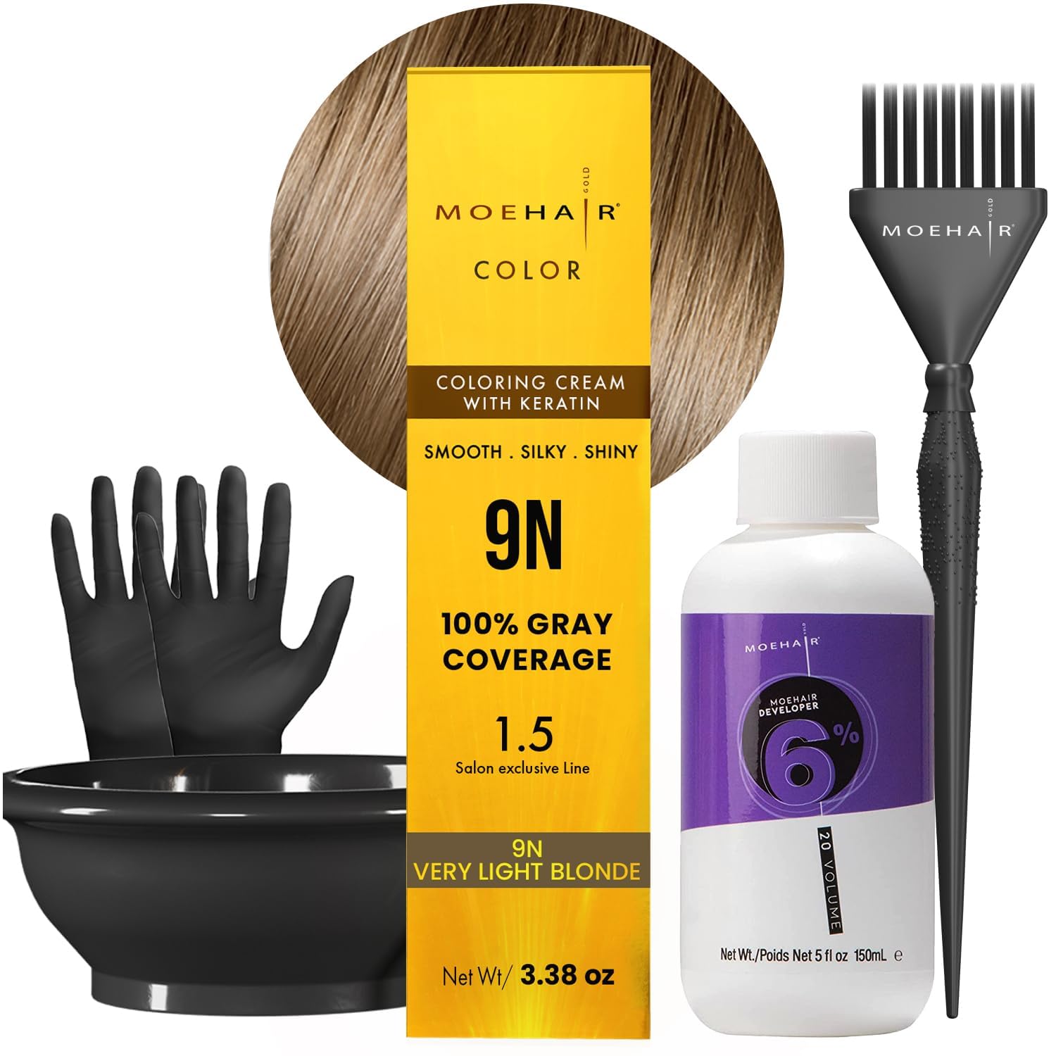 MOEHAIR Hair Coloring Kit | 9N Permanent Hair Color (Very Light Blonde), 20 Volume Developer 6%, Coloring Brush, Gloves & Mixing Bowl | Keratin