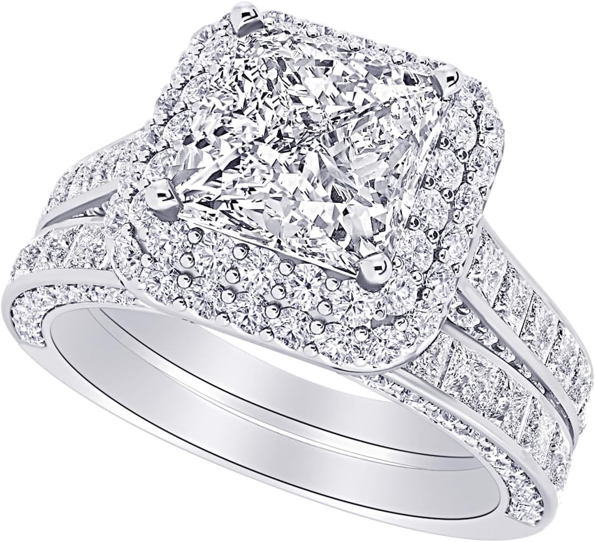 Houston Diamond District 1 to 8 Carat (ctw) Princess Cut LAB GROWN Diamond Double Halo Princess Cut Wedding Bridal Set (Color D-E Clarity VS1-VS2)