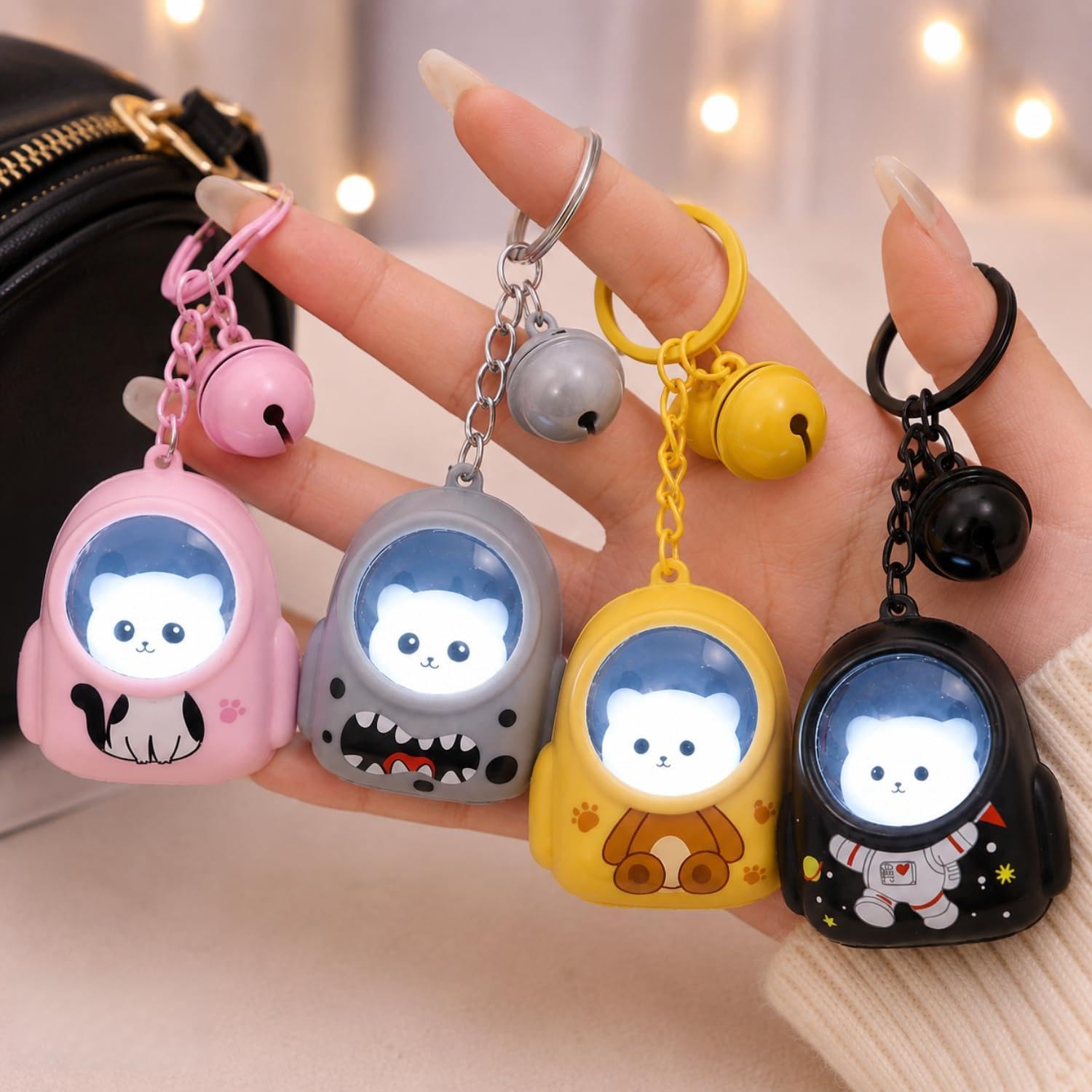 Toy Imagine Cute LED Glowing Animal Keychain for Kids (Pack of 4) Kawaii Cat Astronaut Bag Charm with Bell Backpack & School Bag Accessory Return Birthday Gift for Girls, Boys, Teens (Random Designs)-image-36