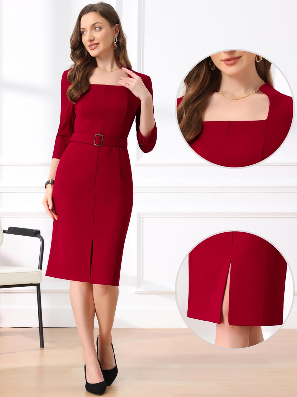 Allegra K Business Pencil Dress for Women's 3/4 Sleeve Office Dresses with Belt