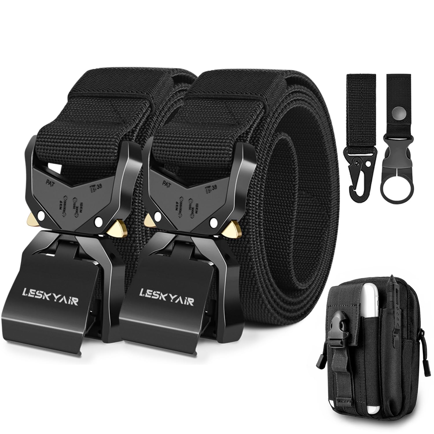 2er Herren Taktischer Gürtel, Arbeitsgürtel Hochleistungsgürtel, Gürtel Militär Wandern 3,8cm Breite, Geschenk mit Molle Beutel und Wasserflaschenclip Haken