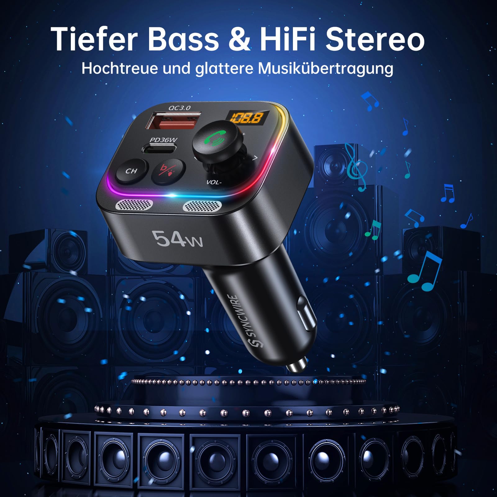 Syncwire Bluetooth 5.4 FM Transmitter Auto Ladegerät 54W PD&QC3.0 USB C Auto Adapter [Schnellladung] [Stärkere Dual-Mikrofone & HiFi-Basston] [Lichtschalter] Kabelloser Radio Freisprechanlage