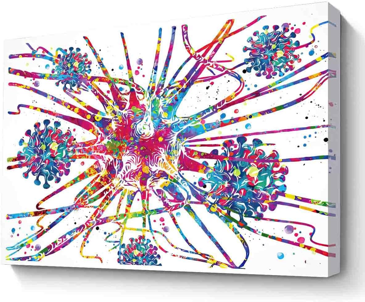 Watercolor Framed Wall Art,Brain Cell Infected Watercolor Print Neuron Art Science Gift Neurology Nerve Cell Medical Art Virus Wall Art Neuroscience Clinic Decor~-16"X20" Canvas Print With Frame