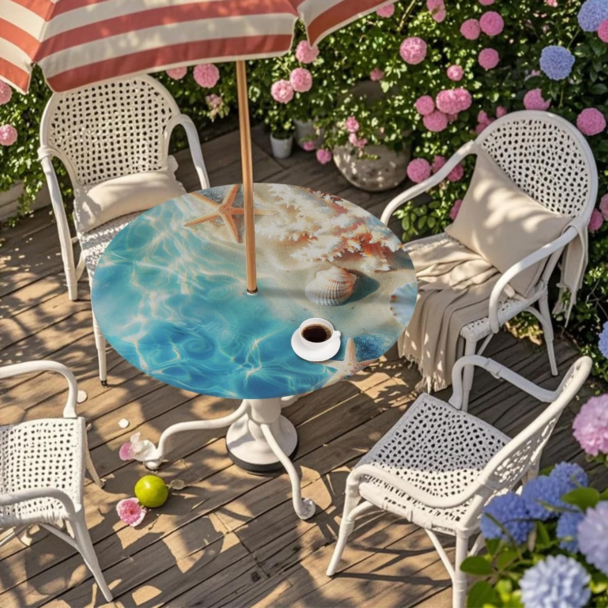 AUUXVA Round Outdoor Tablecloth with Umbrella Hole - Waterproof Patio Table Cover with Zipper Elastic Table Cloth Fits 45"-56" Tables for Party Cafe Garden Decor(Ocean Shells Starfish)