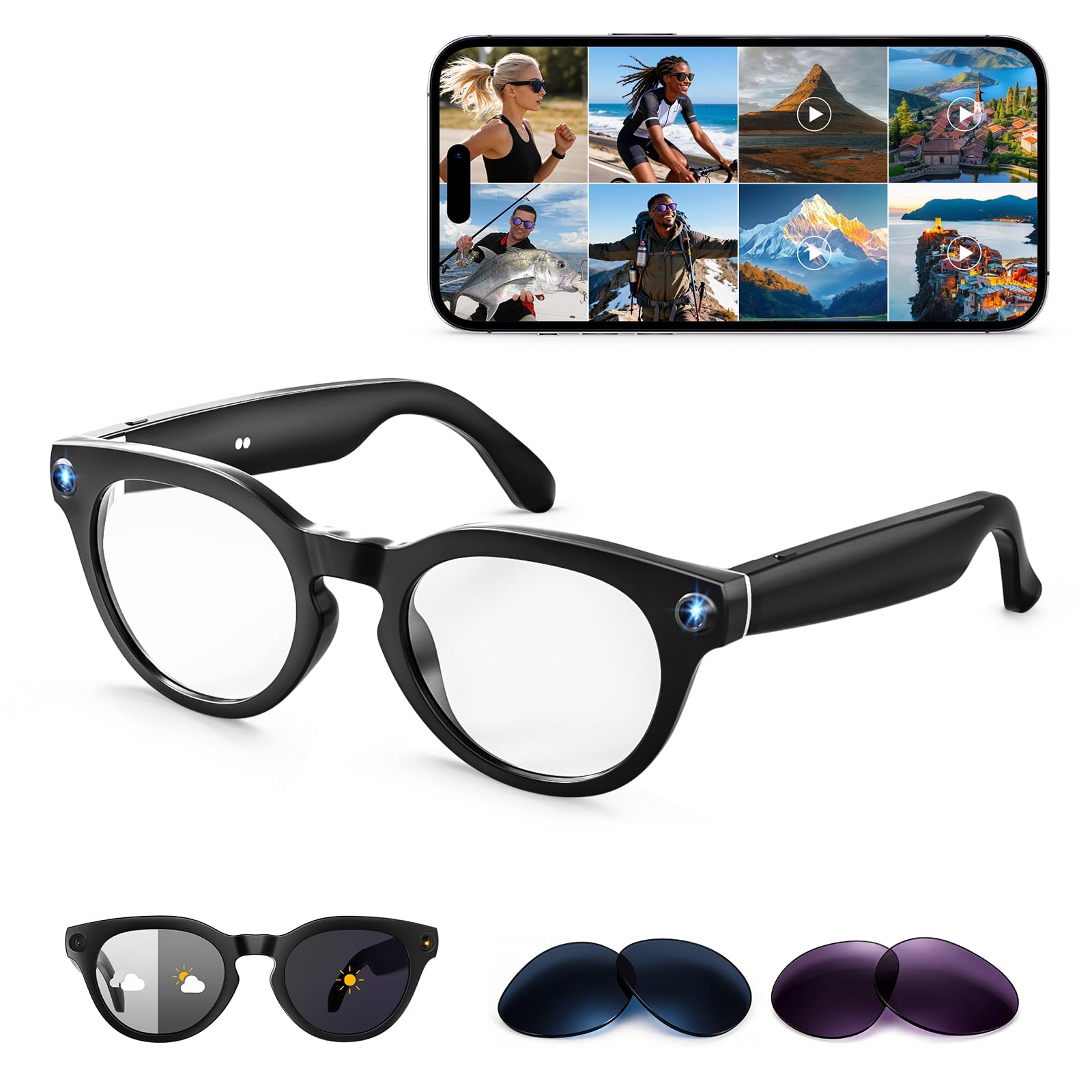 Photo 1 of AI Smart Glasses with Camera, 2K Camera Glasses,12MP Video Recording Glasses, Real Time Translation, AI Voice Assistant,Sunglasses with 3 Pack Lenses - Photochromic Lenses,Purple and Blue Lenses