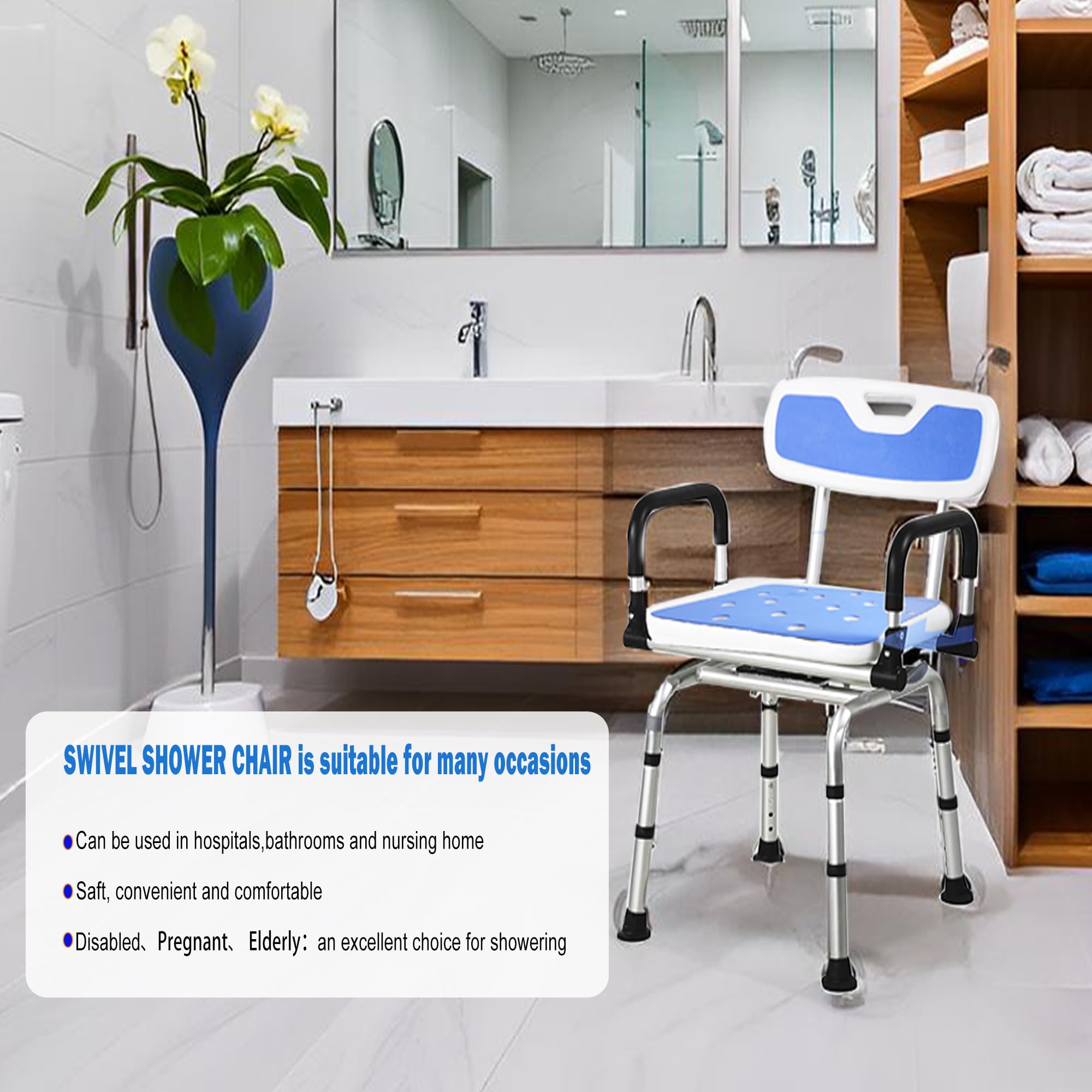 Silla de ducha giratoria de 360 grados, asiento portátil con reposabrazos y respaldo, asiento de altura ajustable para bañera (blanco)