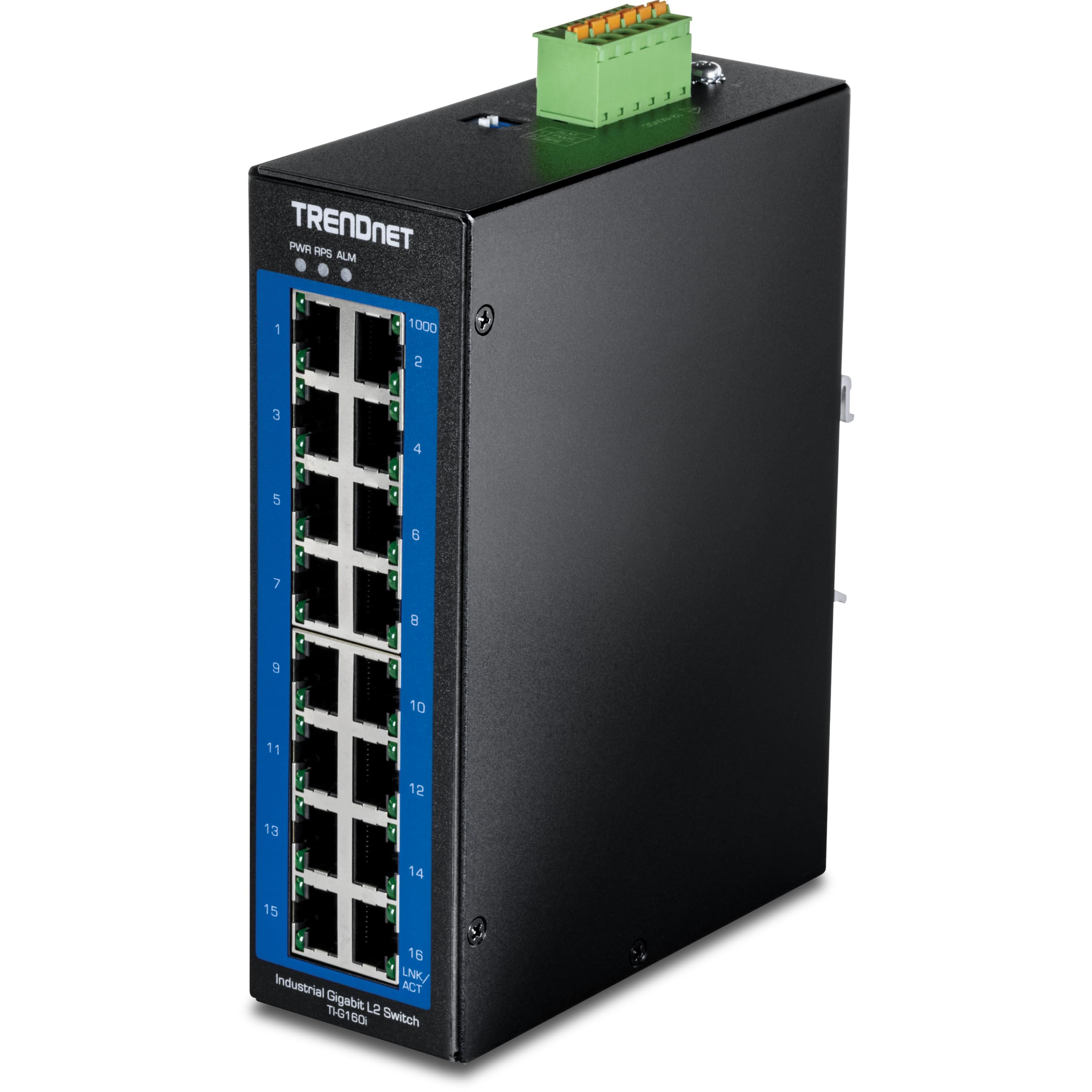 TRENDnet, TI-G160i, 16-Port industrieller Gigabit L2 Managed DIN-Rail Switch, Layer 2 Switch, 16 x Gigabit Ports, 32Gbps Switching-Kapazität | 16 x Gigabit-Ports, 32 Gbit/s Schaltkapazität, NDAA- und TAA-konform, 32 Gbit/s Schaltkapazität, schwarz