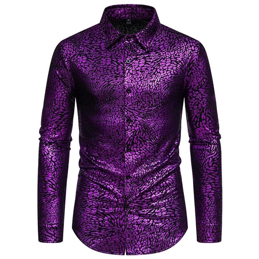 Camisa ajustada con botones para hombre, camisa de vestir de manga larga para fiesta, etapa de graduación, camisa de baile de los años 70