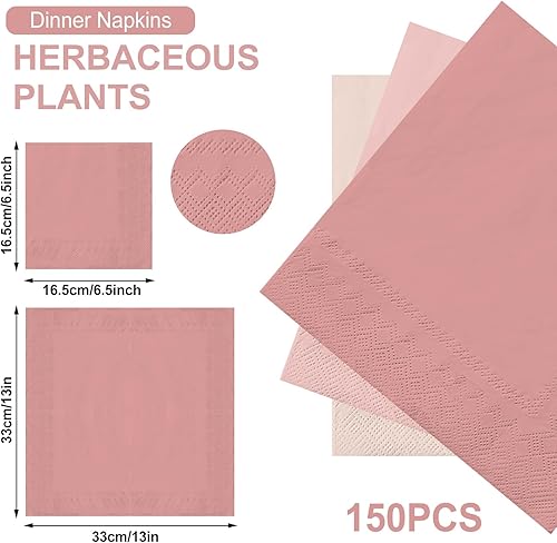 Miniatura 2 de Whaline Paquete de 150 servilletas de color rosa melocotón de 6.5 x 6.5 pulgadas, 3 colores, servilletas de papel desechables con temática rosa,