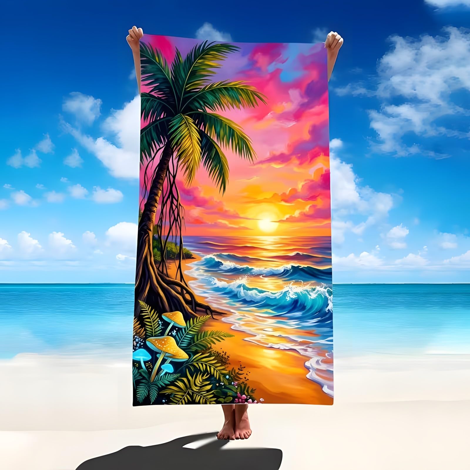 YZQGLHP Sunset Beach Microfibre Beach Towel Waves Beach Bath Towel Quick Drying, Lightweight, Sand-Free, Durable, for Pool, Gym, Camping, Travel Towel 90x160cm
