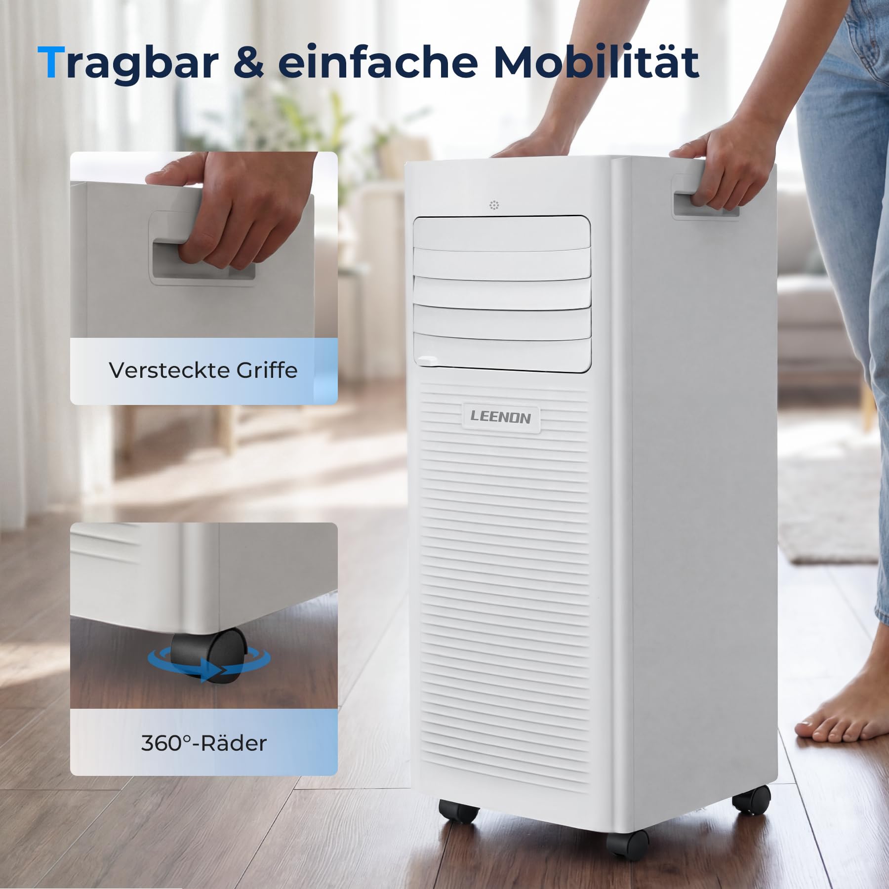 LEENON Klimaanlage Mobil 9000 BTU, Klimagerät mit Abluftschlauch, 4 in 1 Mobil Klimaanlage Entfeuchten mit Abluftschlauch/Fensterkit, Fernbedienung/Timer, Digitales Display, Für Räume bis 35 m²